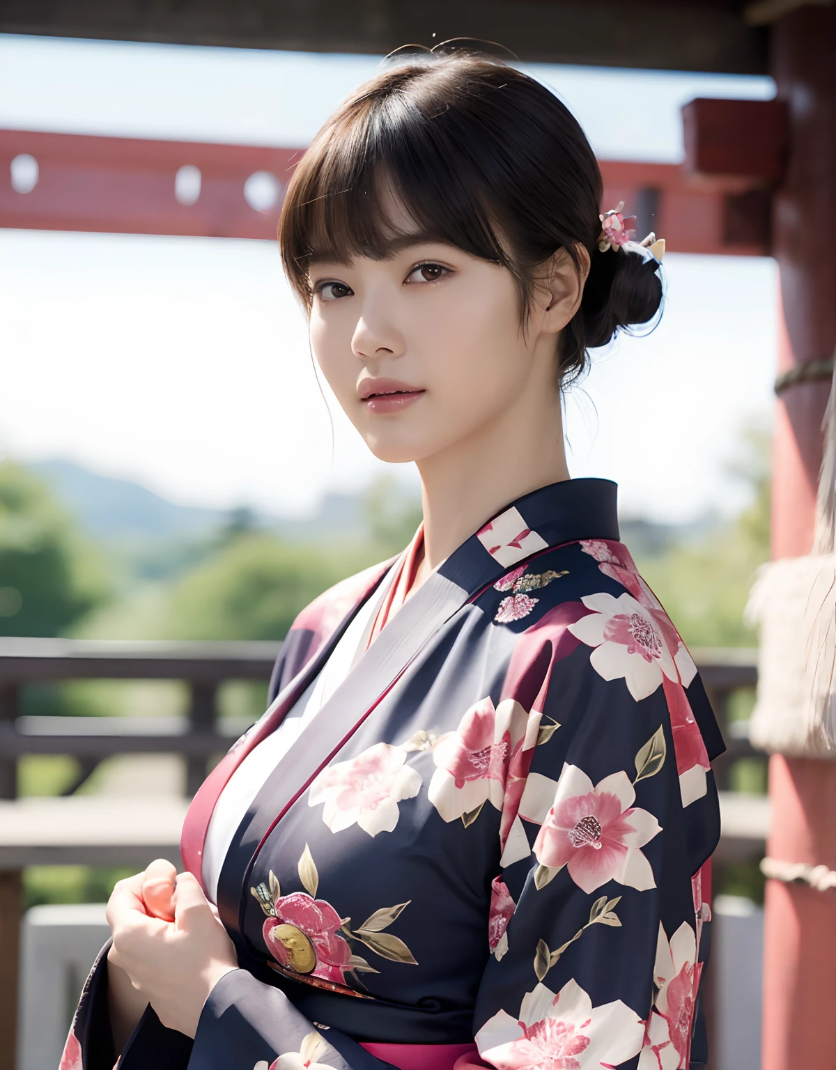 (top-quality、8K、32K、masterpiece、超A high resolution、nffsw:1.3)、(Japan idol:1.3)、1girl in、(Colossal tits:1.25)、(short-hair)、abdominals、the perfect body、((Takan Ninja)), Delicate facial features, Ultra-realistic, Hyper-realistic, 鎖骨、Shadow、octan render、((Wear a beautiful kimono with a high degree of exposure)),hyperdetailed face、Detailed lips、finely eye、二重まぶた、(魅惑的)、((agitation:1.5))、maikurobikini、((super realistic details))、portlate、globalillumination、(sexypose)、Shadow、octan render、8K、((Navel))、Armpit、((Female ninja)),Kunoichi Ninja、Throw shurikens、Japan holding a sword、Mystical expression、shrine background、Old Town of Japan、((heavy breasts)),Toostock、mecosuji、Kimono with colorful floral pattern、highcontrast、(((Multicolored blue kimono))),