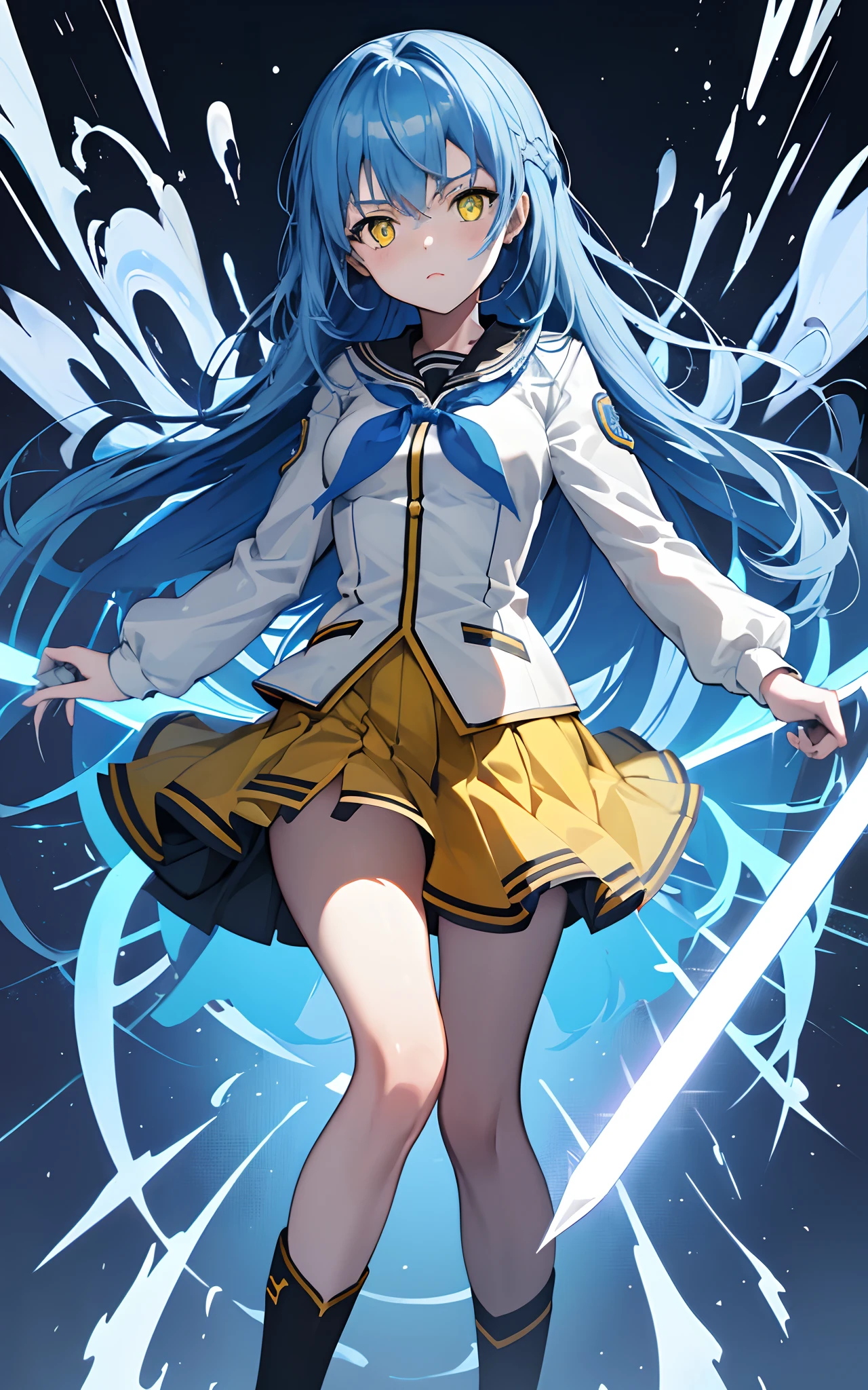 (beste-Qualit, tmasterpiece), 1girl, in full height, 4k, Синон Асада из Sword Art online, with blue hair, yellow eyes, in yellow school uniform