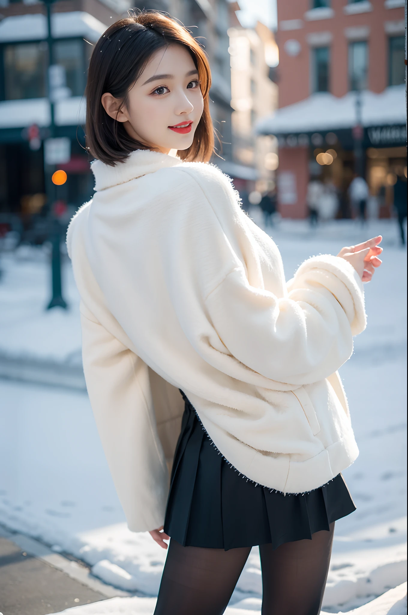 best quality, 4k, 8k, Detailed face, clear face, a pretty girl,Exquisite Makeup, Red lips,laugh, perfect body,shoulder-length straight bob hair,small head,small face,big watery eyes,small breasts,thigh,slim,thin, The girl wears a wide white mink fur coat, Underneath the jacket was White sweater and pantyhose, Snowscape, winter, snow town,from back