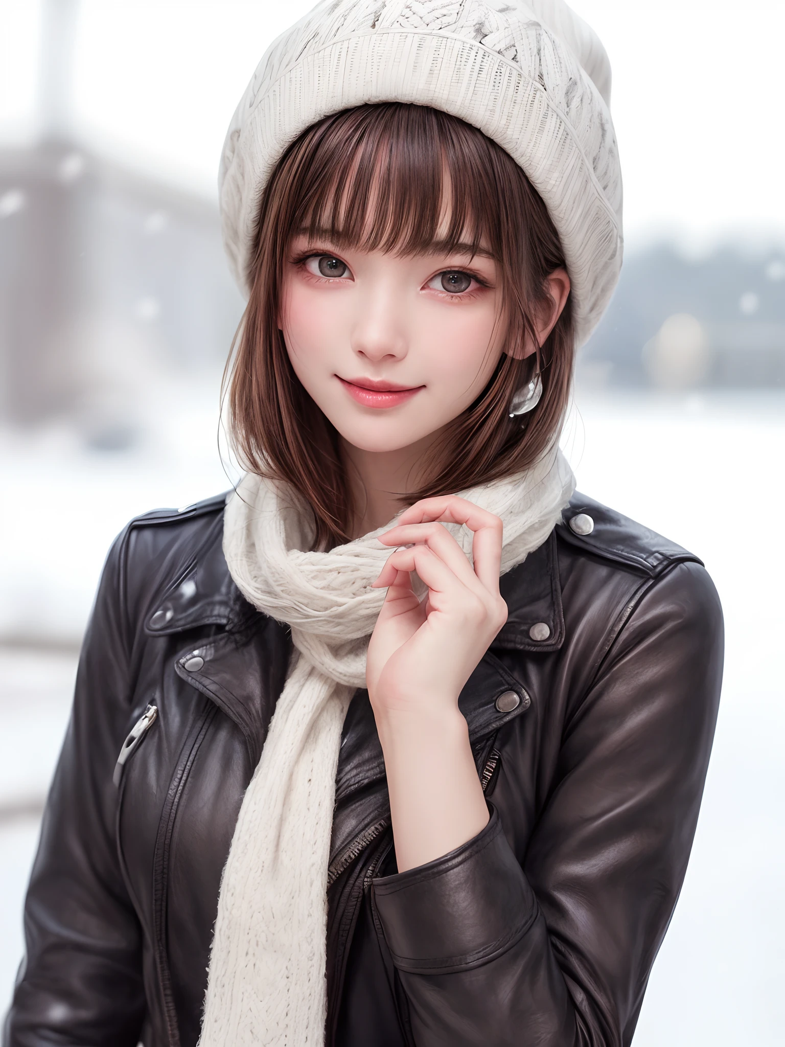 (​masterpiece, top-quality),1girl in, 独奏, A dark-haired, scarf, Hats, realisitic, realisitic, looking at the viewers, black eyes of light color, shorth hair, Brown coat, Winter clothes, White headscarf, s lips, bangss, plein air, a closed mouth, The upper part of the body、big eye、Lashes、((Beautiful landscape of sparkling snow))、(((Shorthair with bangs、big eye、large full breasts、gazing at viewer、Beautiful beauty、Put your ears out、long neck、little smiling、Close your mouth and smile)))、