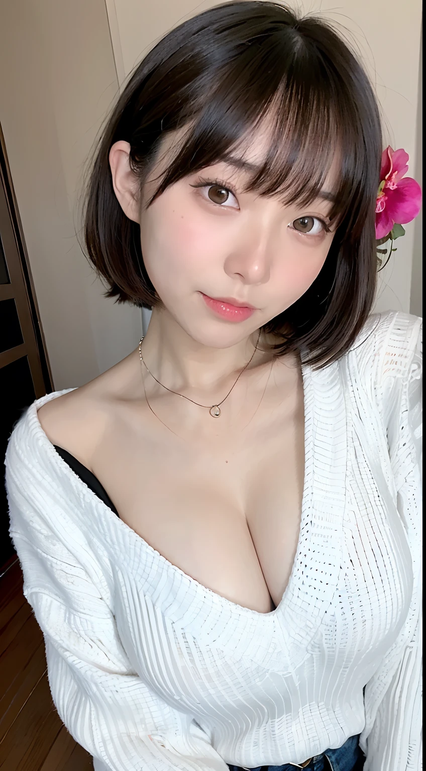 (top-quality、8K、32K、​masterpiece、Photorealsitic:1.4、nffsw:1.2)、Photo of a cute Japanese woman、Colossal tits:1.4、very short bobbed hair、The upper part of the body、sface focus、Oversized_Sweaters、a necklace、simple background、From  above、looking at the viewers、cleavage of the breast:1.5、Balanced body