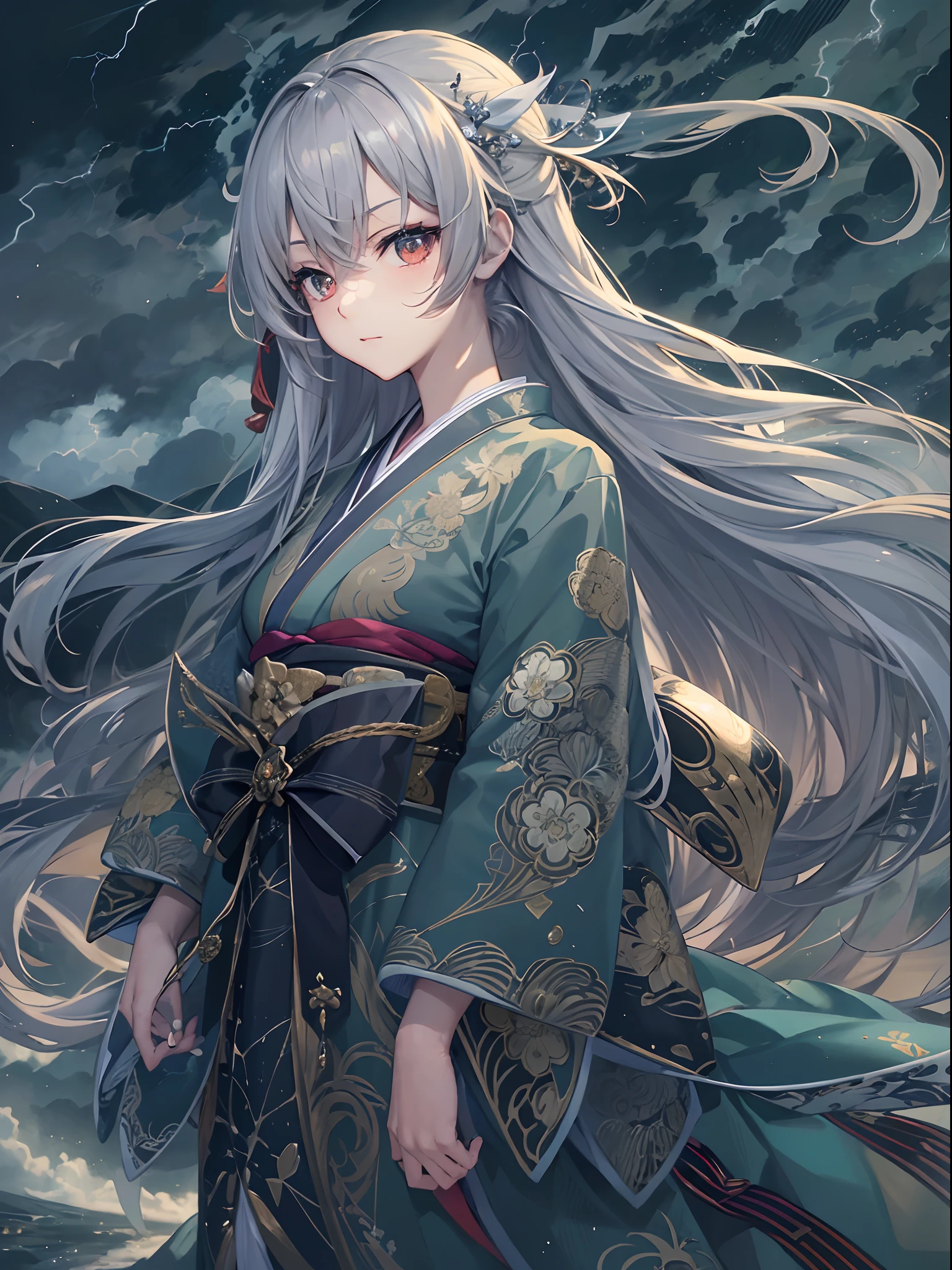 Finest quality)),(超A high resolution),(ultra-detailliert),(Meticulous portrayal),((Best Anime)),(Finest works of art),sharpnes,Clair,Ultra-Precision Art,The art of astounding depiction,Beautiful fantasy art with intricate and detailed details, (Stormy night:1.5),(thunder clouds),thunderbolt:1.5, (1人の女性:1.5),Japanese dress,Serious gaze,Tasukikake,Hachimaki,Be prepared