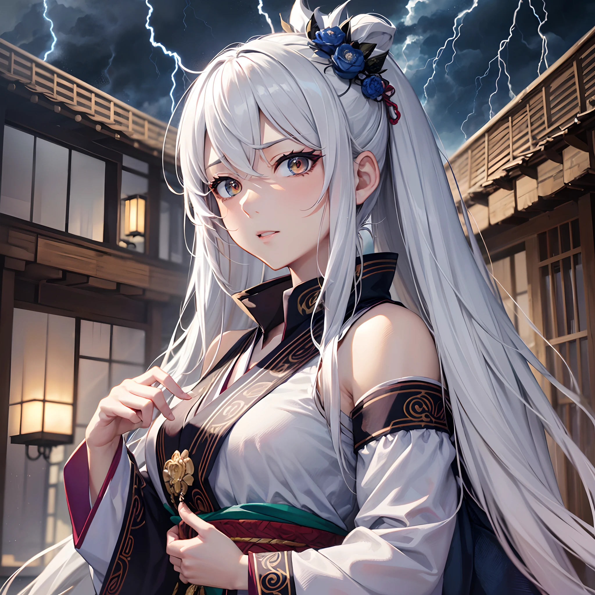 Finest quality)),(超A high resolution),(ultra-detailliert),(Meticulous portrayal),((Best Anime)),(Finest works of art),sharpnes,Clair,Ultra-Precision Art,The art of astounding depiction,Beautiful fantasy art with intricate and detailed details, (Stormy night:1.5),(thunder clouds),thunderbolt:1.5, (1人の女性:1.5),Japanese dress,Serious gaze,Tasukikake,Hachimaki,Be prepared