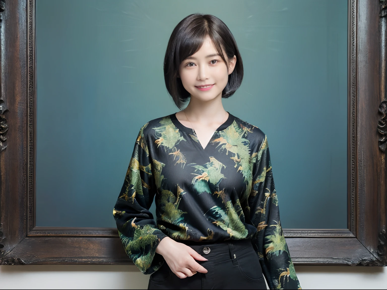 89
(a 20 yo woman,is standing), (A hyper-realistic), (masutepiece), ((short-hair:1.46)), (Smooth black hair), (Breast:1.0), (kindly smile), wear long pants, (Wearing a dinosaur print long-sleeved shirt), (Beautiful skin:1.5), (painterly、picture frame)