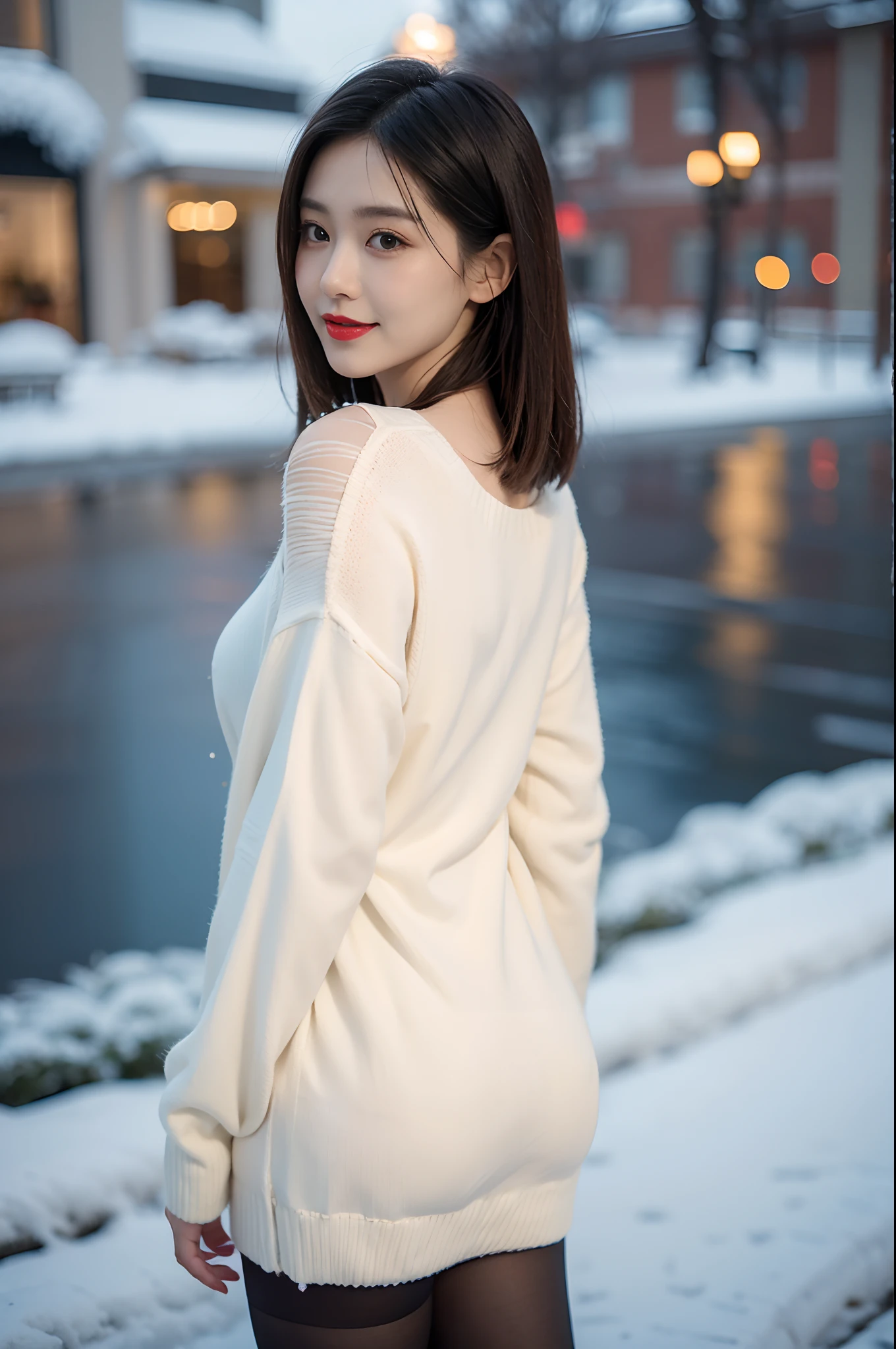 best quality, 4k, 8k, Detailed face, clear face, a pretty girl,Exquisite Makeup, Red lips,laugh, perfect body,shoulder-length straight bob hair,small head,small face,big watery eyes,small breasts,thigh,slim,thin, The girl wears a wide white mink fur coat, Underneath the jacket was White sweater and pantyhose, Snowscape, winter, snow town,from back