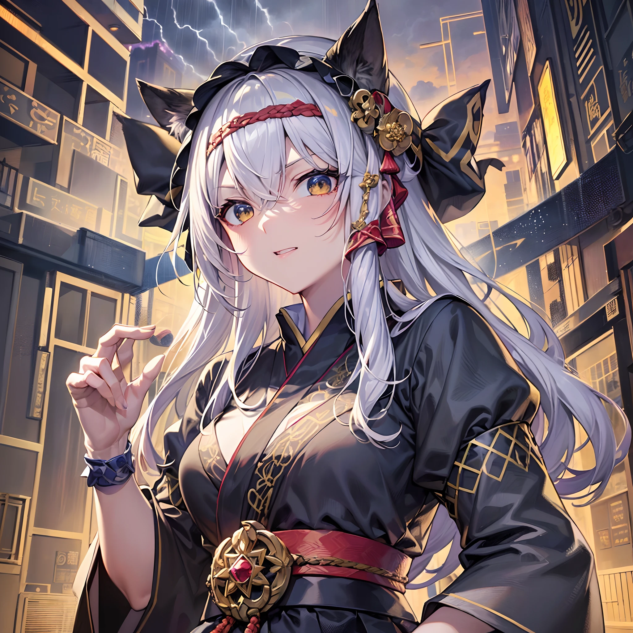 Finest quality)),(超A high resolution),(ultra-detailliert),(Meticulous portrayal),((Best Anime)),(Finest works of art),sharpnes,Clair,Ultra-Precision Art,The art of astounding depiction,Beautiful fantasy art with intricate and detailed details, (Stormy night:1.5),(thunder clouds),thunderbolt:1.5, (1人の女性:1.5),Japanese dress,Serious gaze,(Tasukikake:1.5),(Hachimaki:1.5),Be prepared