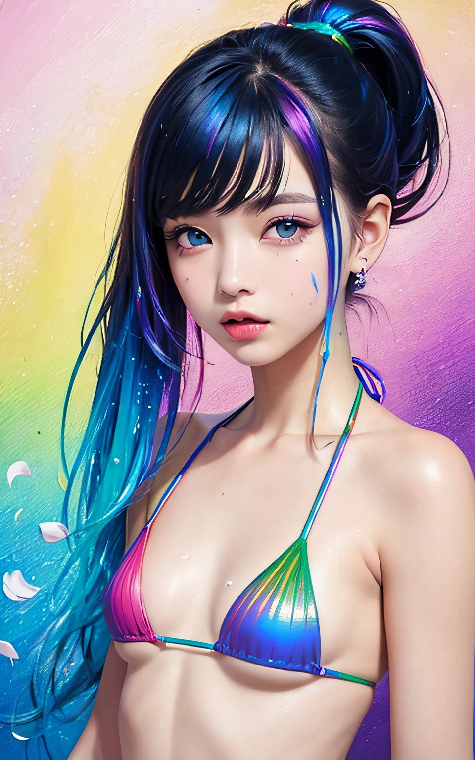 Full Body Portrait、standing、(Colorful Fashion ultra micro mini bikini:1.9)、(colourful hair:1.8)、(All colors of the rainbow:1.8)、((((vertical painting:1.6)))、(painterly、:1.6)、front Face、comic、An illustration、painterly、、big Eyes、Crystal clear eyes、(Iridescent gradient high ponytail:1.7)、Exquisite makeup、mouth closed、(Small fresh:1.5)、(Wipe chest:1.6)、long eyelash、Looking at the audience、Big watery eyes、(Iridescent hair:1.6)、 color splash, (solo、:1.8), color splash, Color explosion, Thick paint style, Messy lines, ((resplendent)), (COLORFUL), (COLORFUL), COLORFUL, COLORFUL, Chic paint style, (Splash) (color splash), vertical painting, upperbody, Paint Splash, Acrylic pigments, gradients, painti, highest quality, highest quality, Master peace、, solo、, depth offield, face-paint, colorfully clothes, (elegantly: 1.2), Gorgeous,slong hair, Wind, (elegantly: 1.3), (flower petals:1.4)、(((Master peace、)))、(((sthe highest qualit)))、((Super Detailed))、(An illustration)、(dynamic ungle)、((floating))、(painti)、((Tousled Hair))、(solo、)、(1女の子)、((Detailed Anima Face)))、((Beautiful Detailed Face))、collared、Bare Shoulder、white haired、((colourful hair))、(((streaked hair))、Beautiful Detailed Eyes、(Eyes in gradient colors)、(((colorful eyes))))、(colorful background))))、((((High Saturation))))、(((Surrounded by colorful splashes)))、