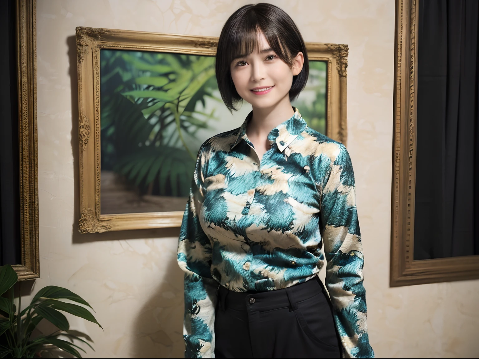 89
(a 20 yo woman,is standing), (A hyper-realistic), (masutepiece), ((short-hair:1.46)), (Smooth black hair), (Breast:1.0), (kindly smile), wear long pants, (Wearing a dinosaur print long-sleeved shirt), (Beautiful skin:1.5), (painterly、picture frame)