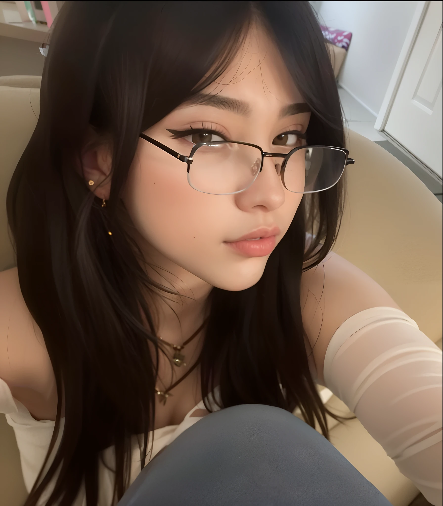 Make a woman wearing glasses masturbate in bed with a television remote