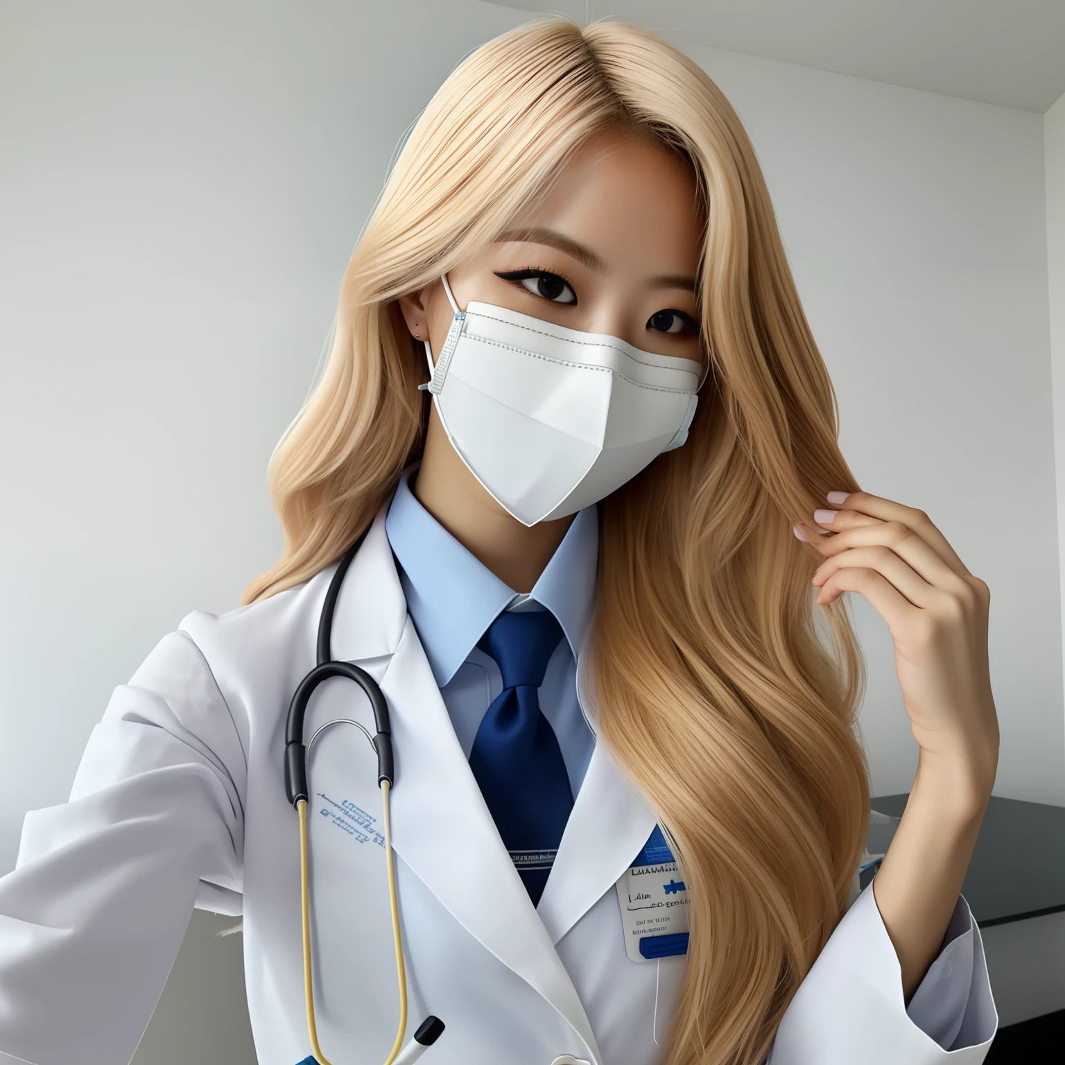 Blonde female doctor wearing a white coat and a blue tie, medic, medic, (medic), vestindo jaleco e blusa, Medical mask, masked doctors, ****** enfermeira, Enfermeira, integrated synthetic android, aluna hiperrealista, Medicine, Avental branco, healthcare worker, com jaleco, surgeon, Sakimichan, pessoa realista, wearing lab coat and glasses