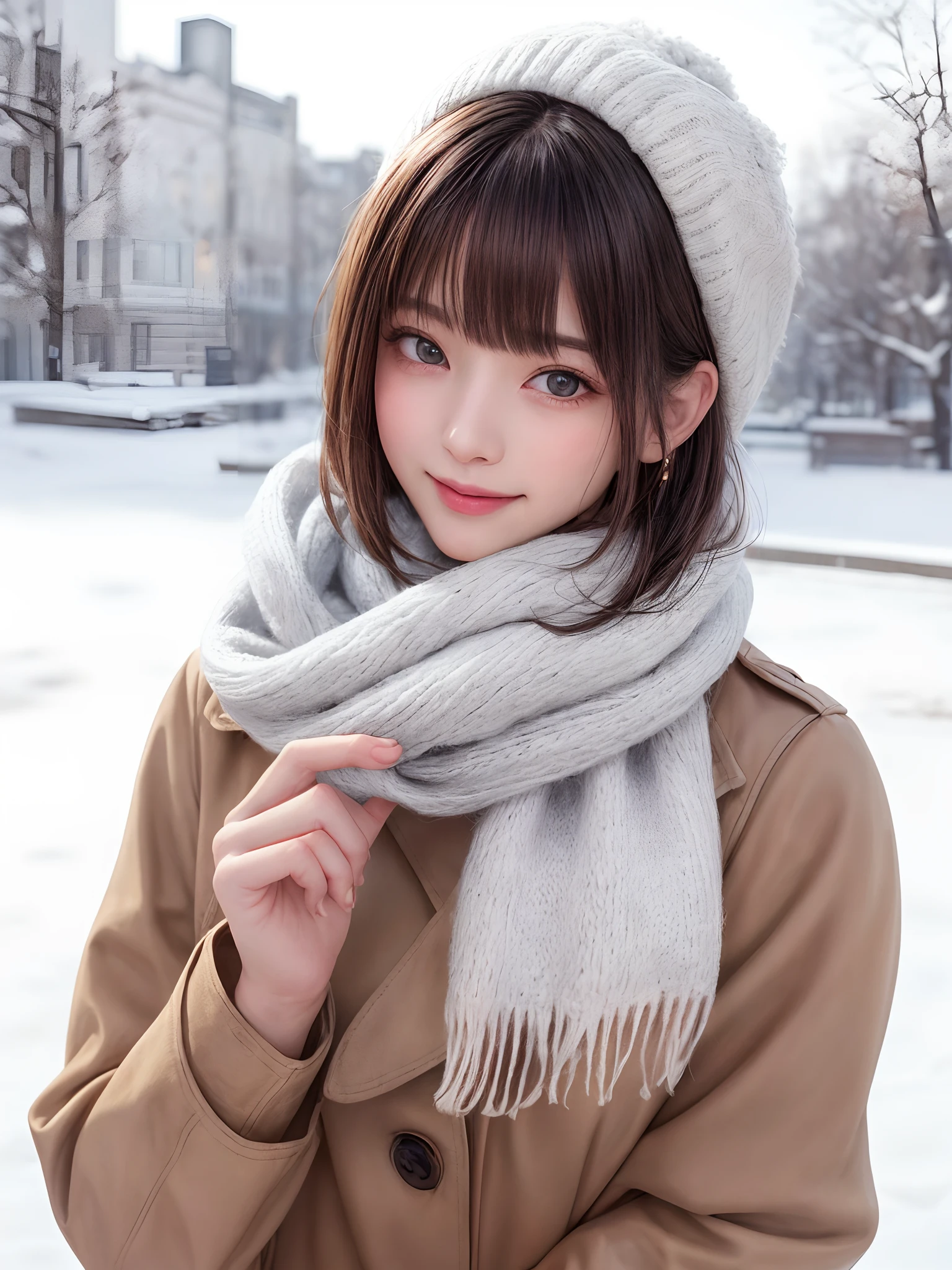 (masterpiece, top-quality),1girl in, 独奏, A dark-haired, scarf, Hats, realisitic, realisitic, looking at the viewers, black eyes of light color, Brunette Short Bob Hair, Brown coat, Winter clothes, White headscarf, s lips, bangss, plein air, a closed mouth, The upper part of the body、big eye、Lashes、((Beautiful landscape of sparkling snow))、(((Shorthair with bangs、big eye、large full breasts、gazing at viewer、Beautiful beauty、Put your ears out、long neck、little smiling、Close your mouth and smile)))、