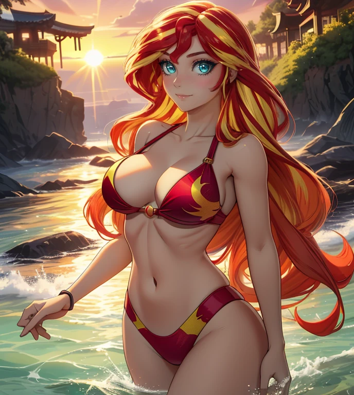 Sunsethuman, Sunset Shimmer, Sunset Shimmer from my little pony, Sunset Shimmer in the form of a girl, big breasts, lush breasts, voluminous breasts, firm breast, detailed hands, two tones of hair, red and yellow hair, Nightclub, solo, one character, Swimsuit, thin, no muscles, normal body, turquoise eyes, gentle smile