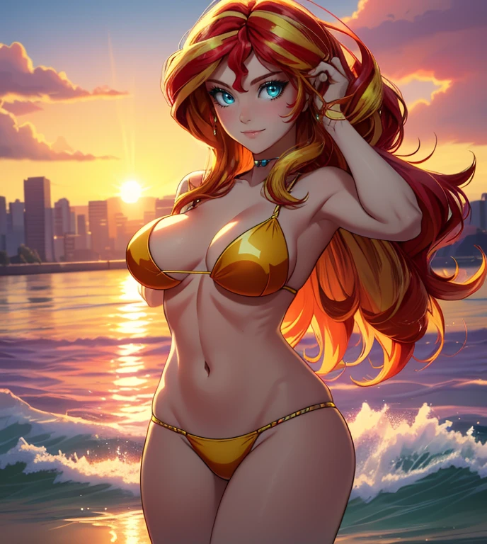 Sunsethuman, Sunset Shimmer, Sunset Shimmer from my little pony, Sunset Shimmer in the form of a girl, medium breasts, lush breasts, voluminous breasts, elastic breasts, five fingers, detailed hands, two hair tones, red-yellow hair, happy face, complete nudity, seductive, nipples, loose billowing see-through white dress, posing naked on the beach, sexy pose