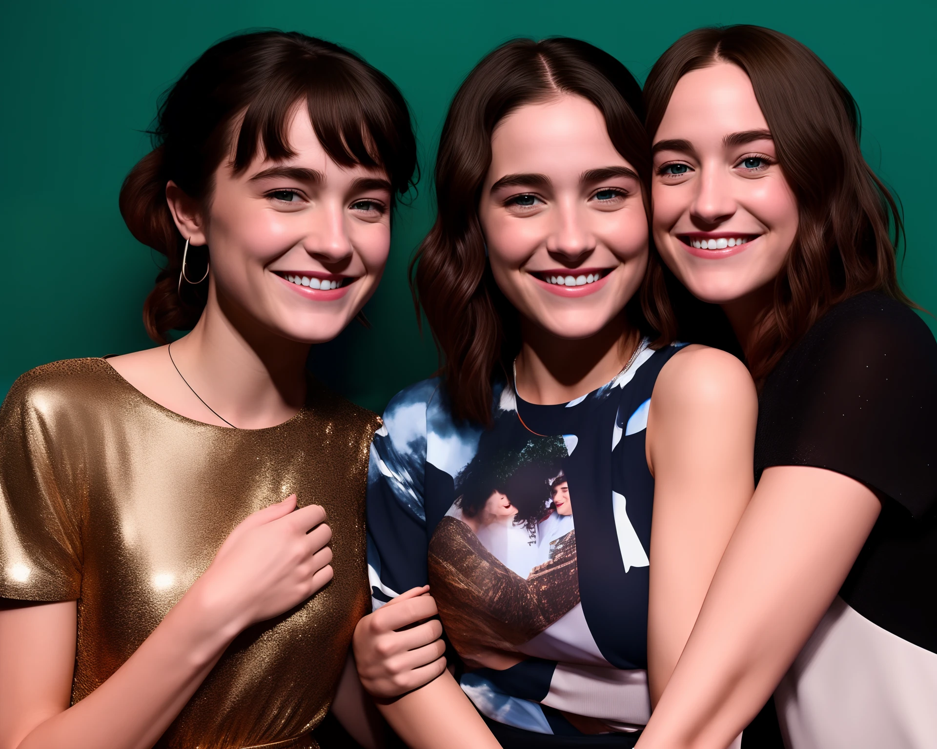a photorealistic image of clear rivers from final destination and nancy wheeler from stranger things hugging each other and smiling in a photo booth