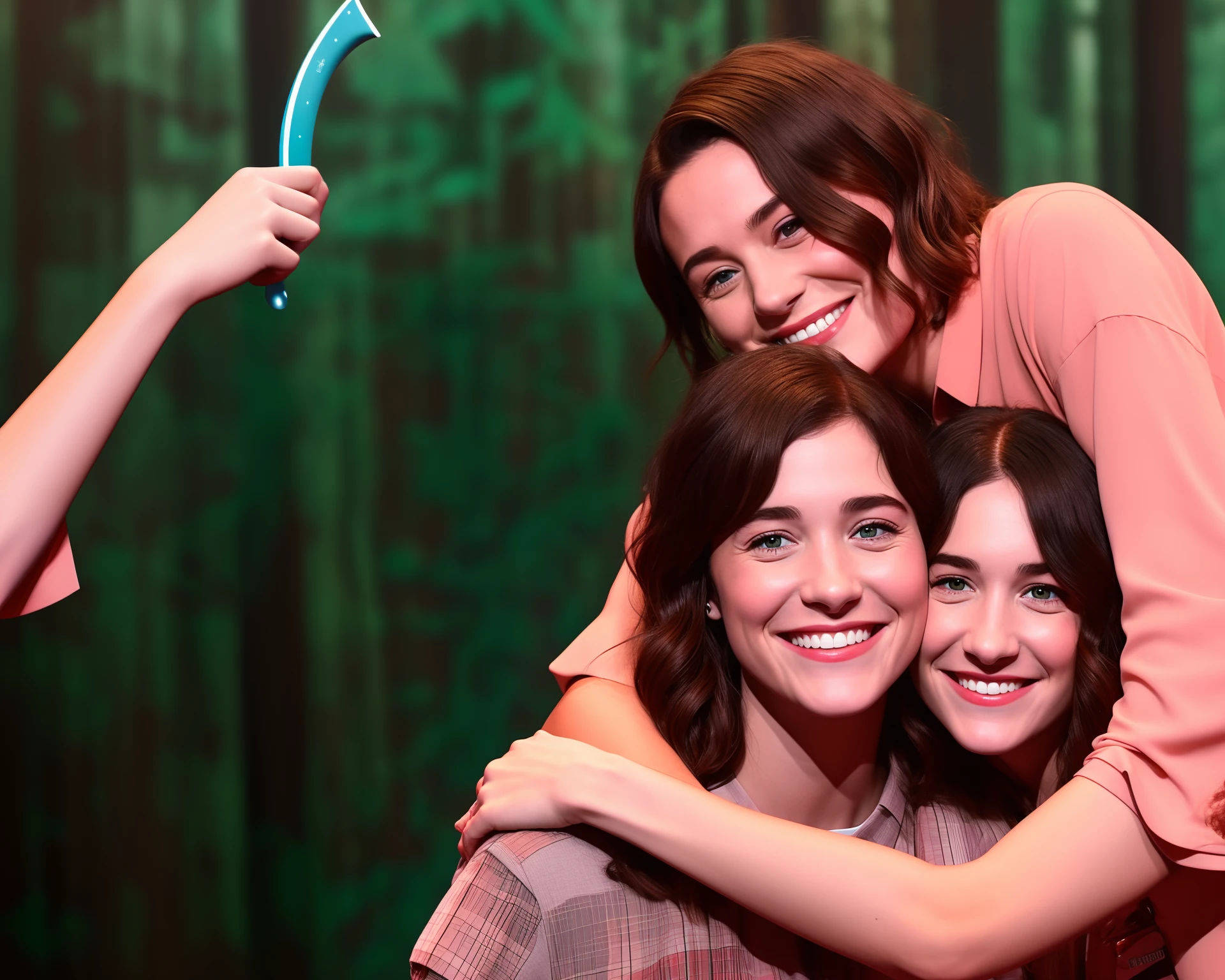 a photorealistic image of clear rivers from final destination and nancy wheeler from stranger things hugging each other and smiling in a photo booth