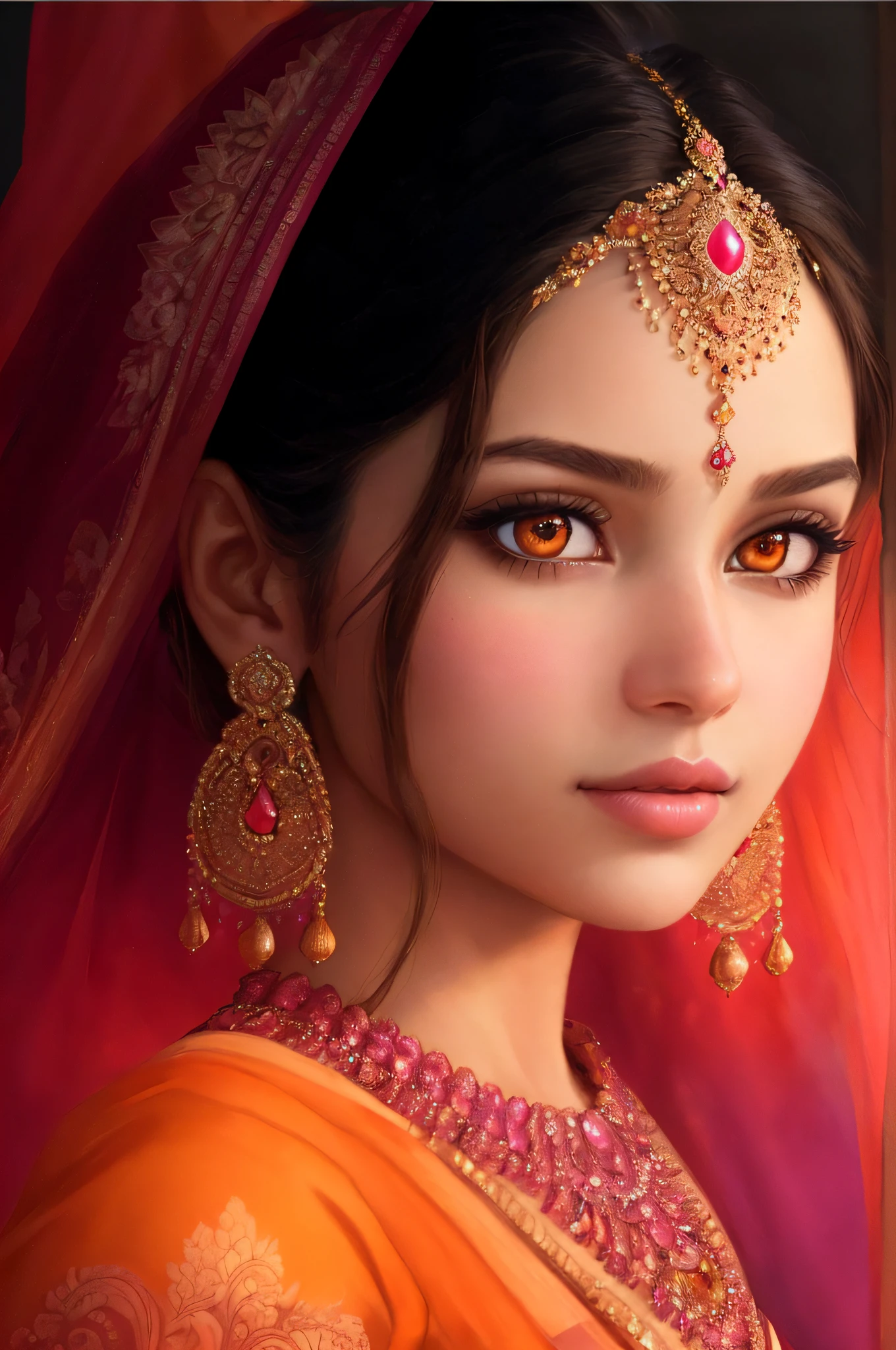 Generate a breathtaking painting of a young woman in a resplendent, intricately designed saree. She should have beautiful, expressive eyes that draw you in, a sharp and elegant nose, and luscious pink lips that add to her allure. Her skin should be fair and flawless, complemented by a subtle blush on her cheeks. She has striking orange eyes that captivate the viewer, and her brown hair cascades in a beautifully styled manner. Her figure should be slim and perfect, enhancing her overall grace and beauty. The hairstyle should be beautifully arranged to frame her face, making her look even more enchanting. The background should complement her beauty with an enchanting landscape or scene that enhances the overall elegance of the image. The colors and details should be rich and vibrant, creating a truly captivating work of art.