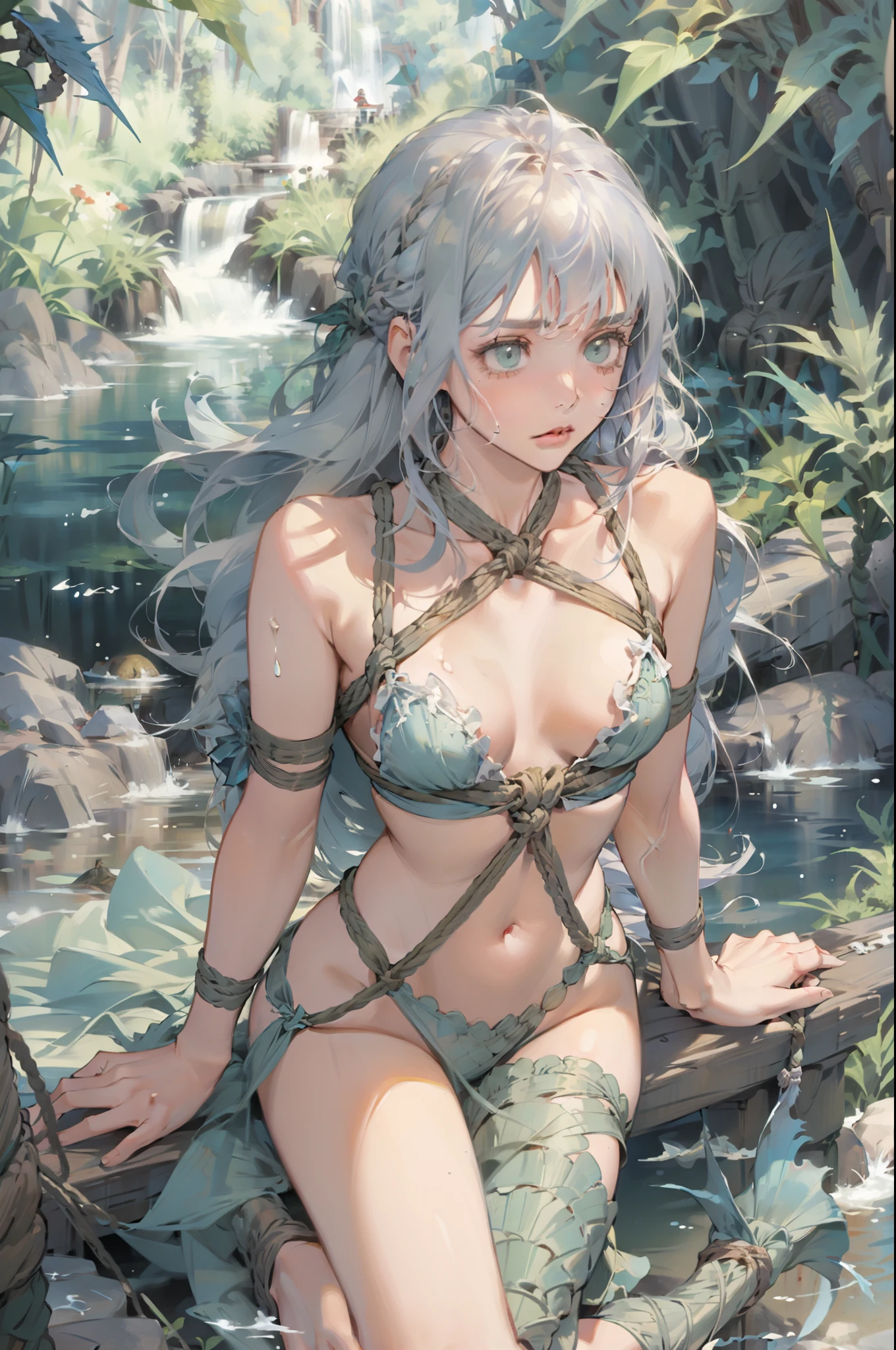 1 girl, adult, beautiful, long silver hair, small breasts, fear, water, mermaid, ((hands tied, Rope Bondage , Hemp rope)), transparent fish scales, fish fins, fish scales, river, mystical