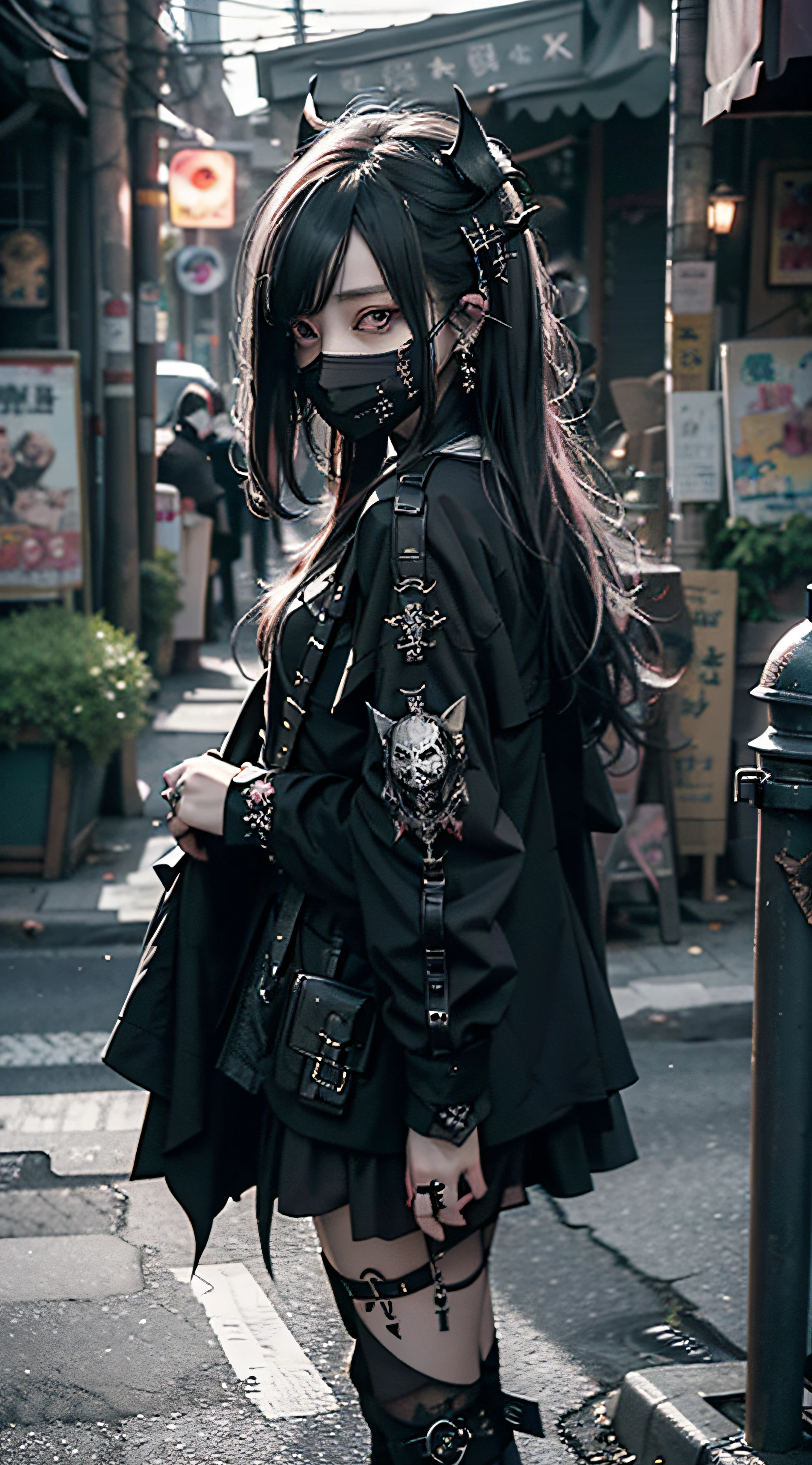 top-quality、8K、masterpiece:1.3、Gothic punk、Red inner color、A dark-haired、hair adornments、a beauty girl、creative、dark fantasy style、Neogos、Goth Fashion:1.2、hight resolution、masterpiece、top-quality、headw:1.3、((Hasselblad photo))、Fine-grained skin、Sharp Focus、(lighting like a movie)、Realistic textured hair、((Black mask)),full body Esbian、((View from below))