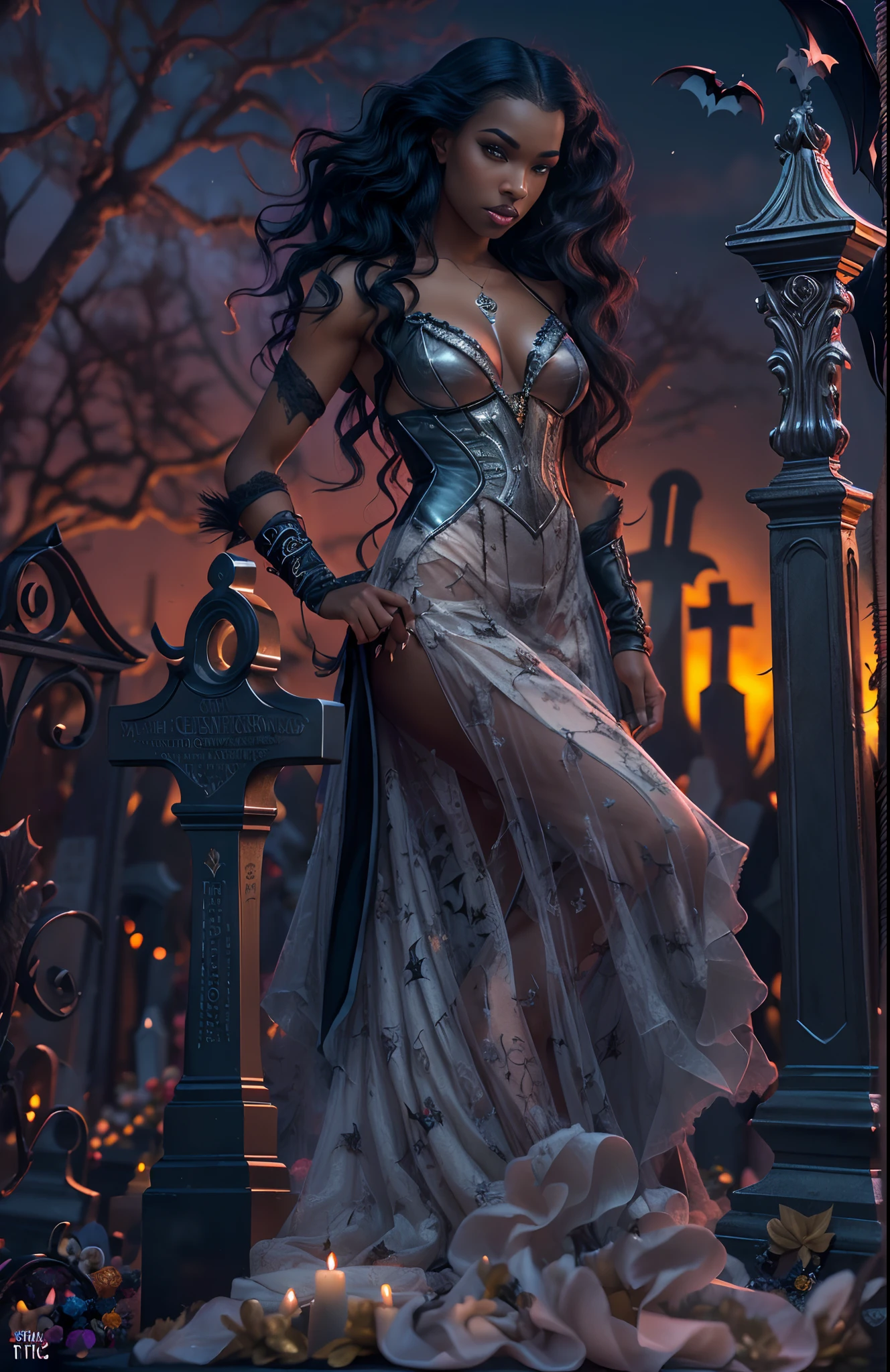 ((21-year-old))) black girl, (((light skin))), (((vampire))), (((New Orleans cemetary, early 20th century night time during mardi grad))), (((bats flying around))), dusk, (((close-up full body pose))),  (((long wavy black hair))), high heel boots, (((wearing period clothing))), dark fantasy art, Rich, Deep Colours, (intricate details:0.9), (HDR, hyper-detailing:1.2), (natural skin textures, hyper realisitc, soft light, Sharp),
