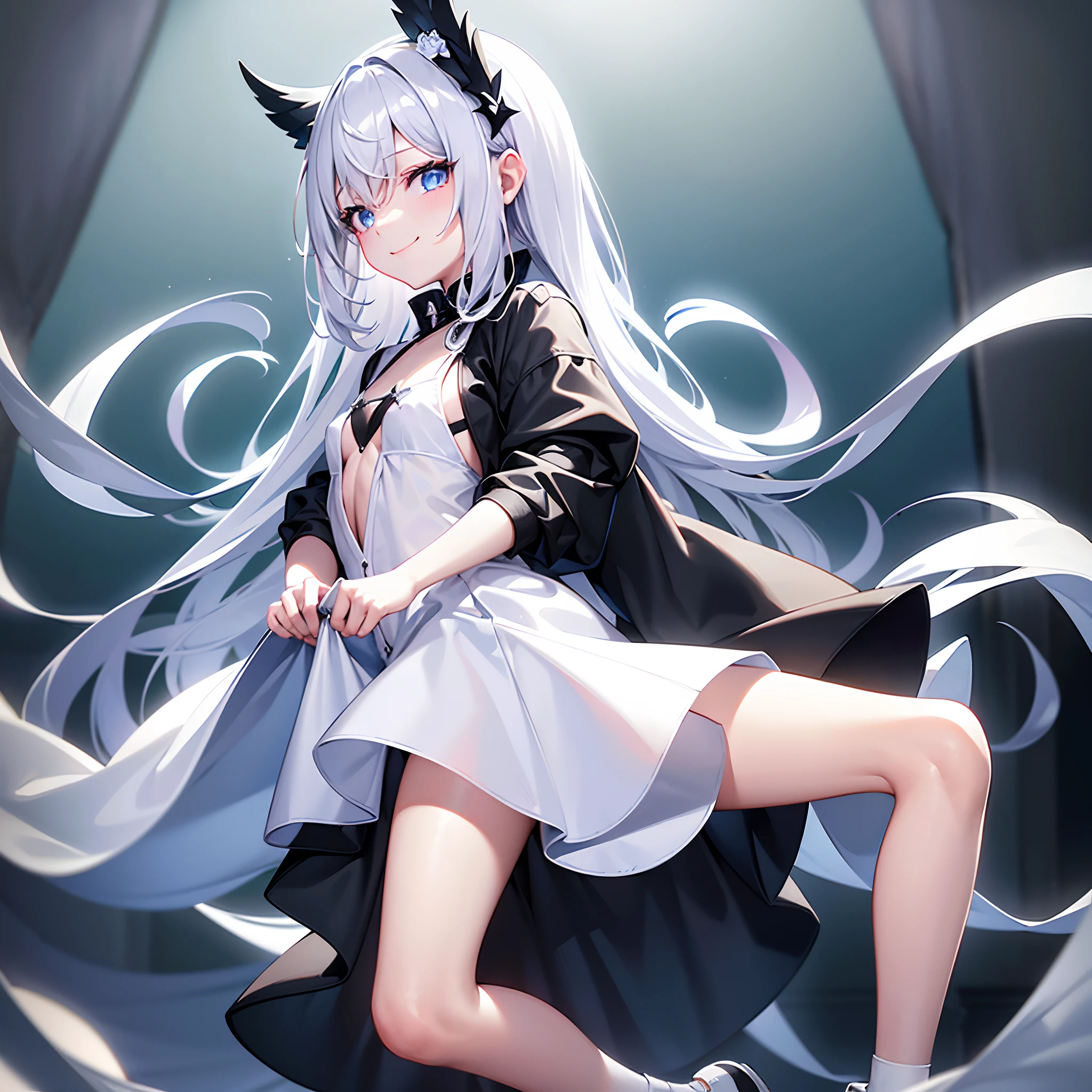 A city based on a beautiful and fantastic white color that is submerged、He wears a large black witch hat with sapphire accessories、White medium shorthair with blue-purple mesh、Looking at me with a smile、Blue eyes with a little hook and highlights、27-year-old woman with small breasts、Black long coat、White inner camisole、white t-shirt、Black Midi Skirt、Black sneakers with white shoelaces、small tits、Small、discreet breasts、hiquality、High Details、high-level image quality、4K picture quality、Delicate painting