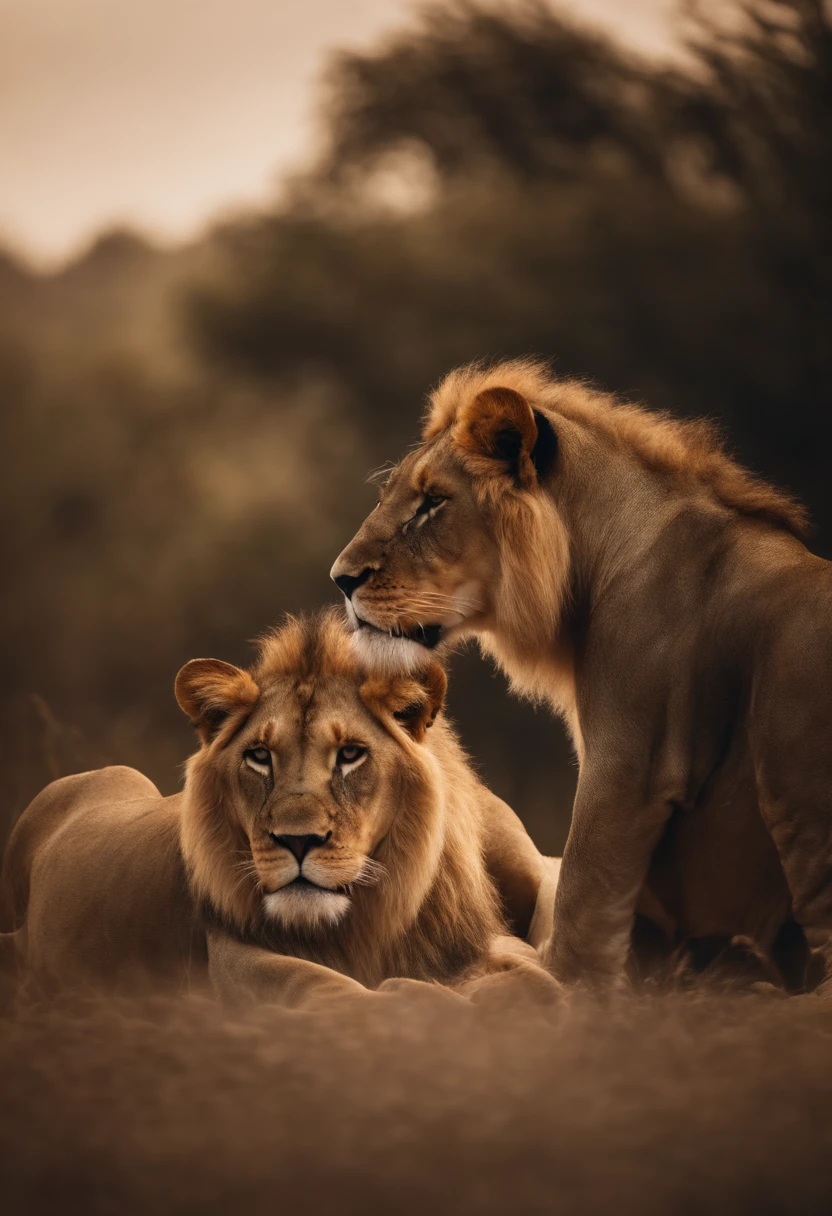 Two lions mounted on the back of a lioness