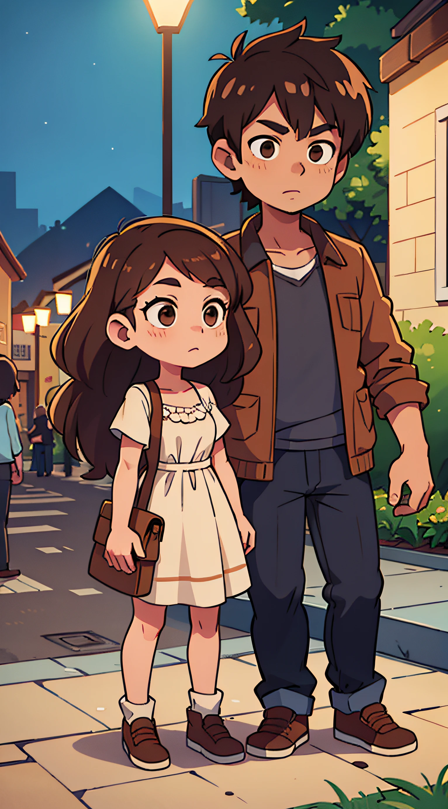 Best Quality. Guy with short brown hair. Girl with long brown hair and dress. Date on the street, fountain, the night