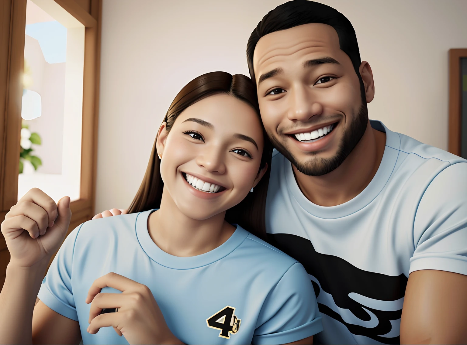 There is a man and a woman 44 years old Smiling Man Illustration, sorriso insano, Homem de pele marrom claracom um sorriso gigante, happily smiling at the camera, sorriso atrevido, he's smiling, sorriso muito grande, Macho sorridente, foto de perfil headshot, rindo sorriso enorme, desenhando no estilo de Arte 3D, c4d, fundo de cor branco puro, estilo disney, estilo pixar render ilustracao Super Detalhe, 4k