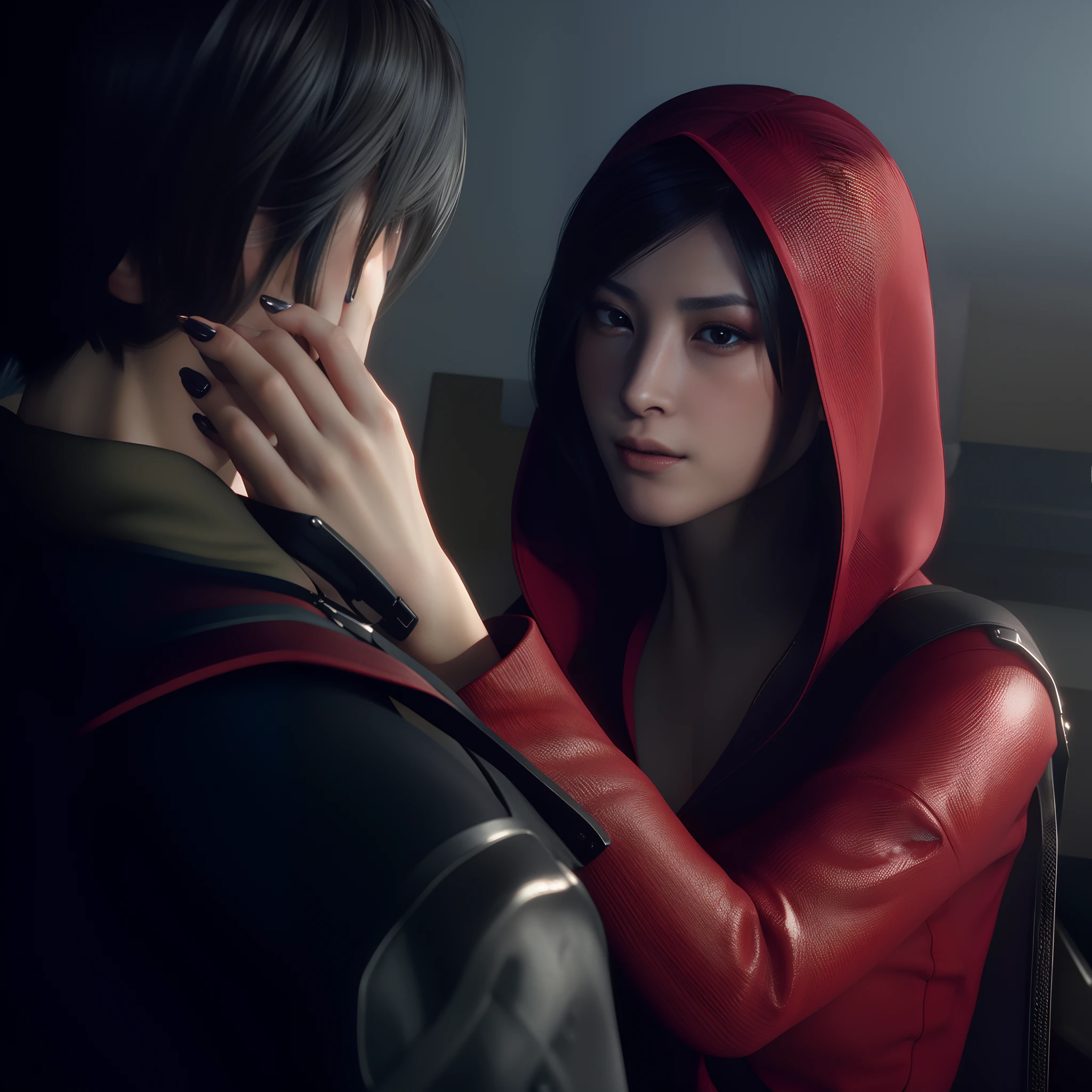 Ada wong, beautiful face, bob hair, perfect Face, wearing mini red dress hoody, wearing hoody, black nail polish, friendly face, glare, girly