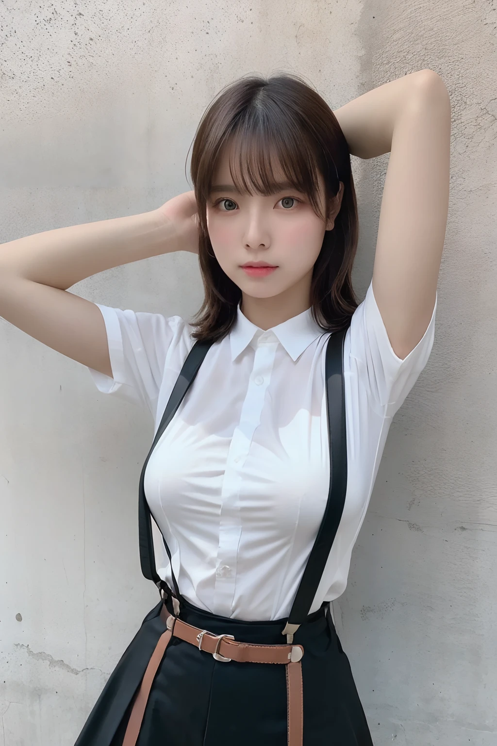 masterpiece、flat-colors、depth of fields、lens flare 1 girl、、Brown hair、watching at viewers black suspenders bulging big breasts Armpit sweat perspiring Side of both hands walls: Black miniskirt garterbelts Gaze Small face Bangs Upper Eyes flank Rat-colored eyes holster Belt Cutter Shirt