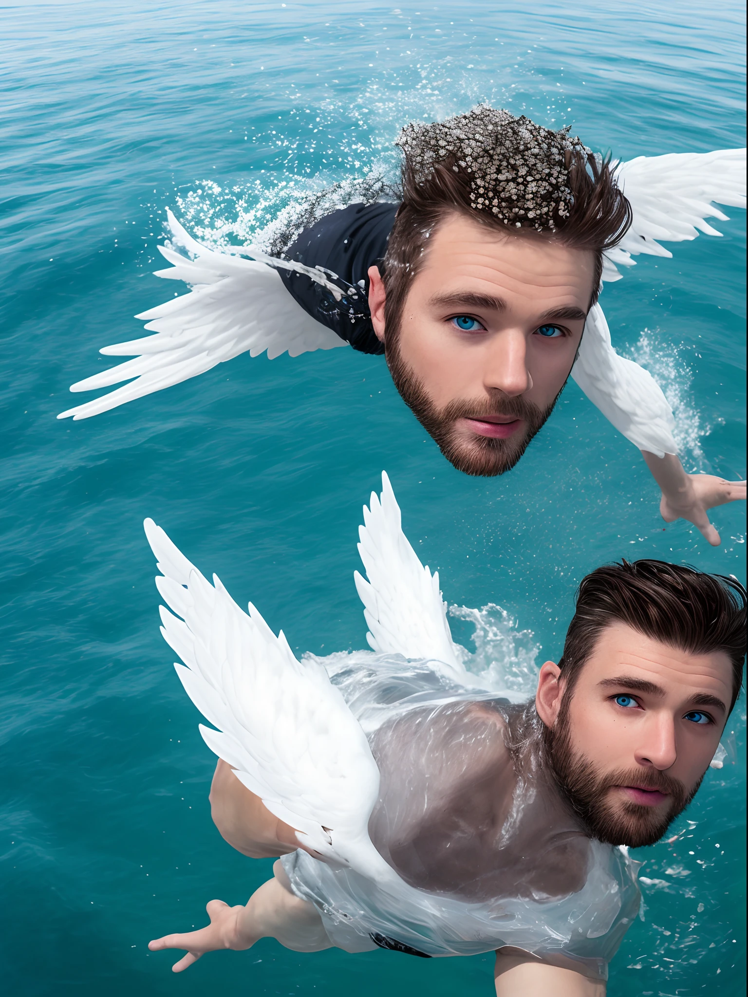 A man flies in with white wings, salt-pepper hair, and eyes the color of the deep ocean