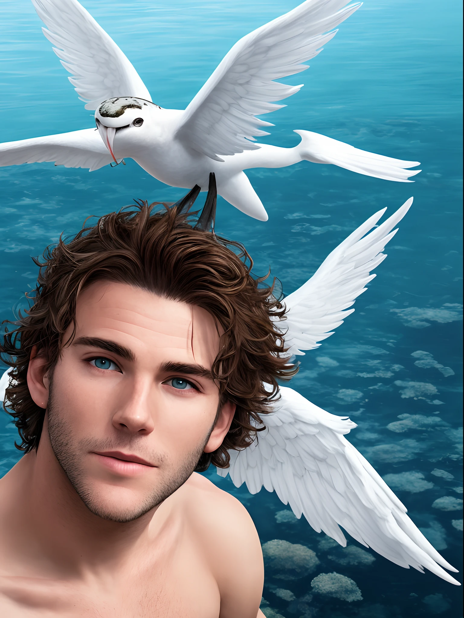 A man flies in with white wings, salt-pepper hair, and eyes the color of the deep ocean