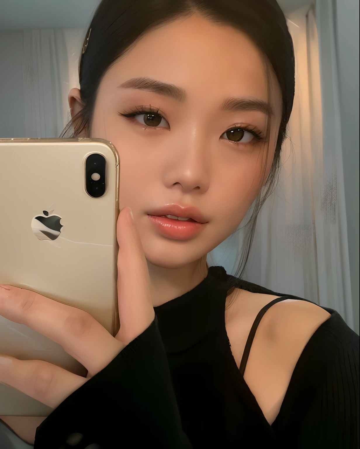 There's a woman taking a selfie with her phone, iphone selfie, Ulzzang, jennie blackpink, Fotografia selfie 8k, beautiful aesthetic face, asian features, korean face features, young adorable korean face, maquiagem sul-coreana popular,  coreana, maquiagem coreana popular, Beautiful Asian girl, wan adorable korean face, TaeJune Kim, Mulher sul-coreana bonita