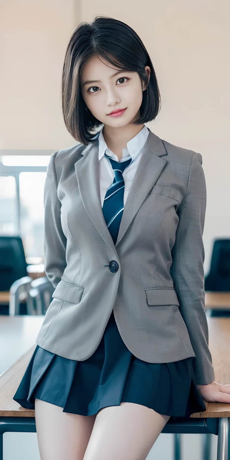 Anime, Realistic female anime style, (aegyo sal: 1), 18 years old girl, (Grey Blazer, tape, Foldable mini skirt, sox, Private School Uniforms: 1.2), Secondary Classroom, Beautiful details of the eye, (Eye size: 3/4) Facial light, ((fully body photo: 1.2)), especially strong light, (Upper eye, a smile: 1.2), glistning skin, (((A dark-haired, Cabello Bob: 1.2))), (thick thight), ulzzang -6500-v1.1: 0.2, bashful, (The Flash: 1.2), NSFW , (swollen), ((enchanting posture: 1.2, good-looking: 1.2)), (inactive), (sitting on a desk in a classroom: 1.2)), ((Good anatomy: 1.2)), ((Bright and refreshing classroom, blured background: 1.2)), face perfect, Cute and symmetrical face, (high-angle shot: 1.2)S., Natural side lighting, ((8K, Photo Raw, Superior Quality, ​masterpiece), high definition RAW color photos professional close-up photos, (realist, rendered: 1.37), (Highest Quality), (better shadows), (The best illustrations), 鎖骨 ((The large)), ((Erotic, Sexy, 超A high resolution, 8K HD unified CG wallpaper, Physical performance, Movie Lighting), Canon EOS R50 Camera 50mm Lens