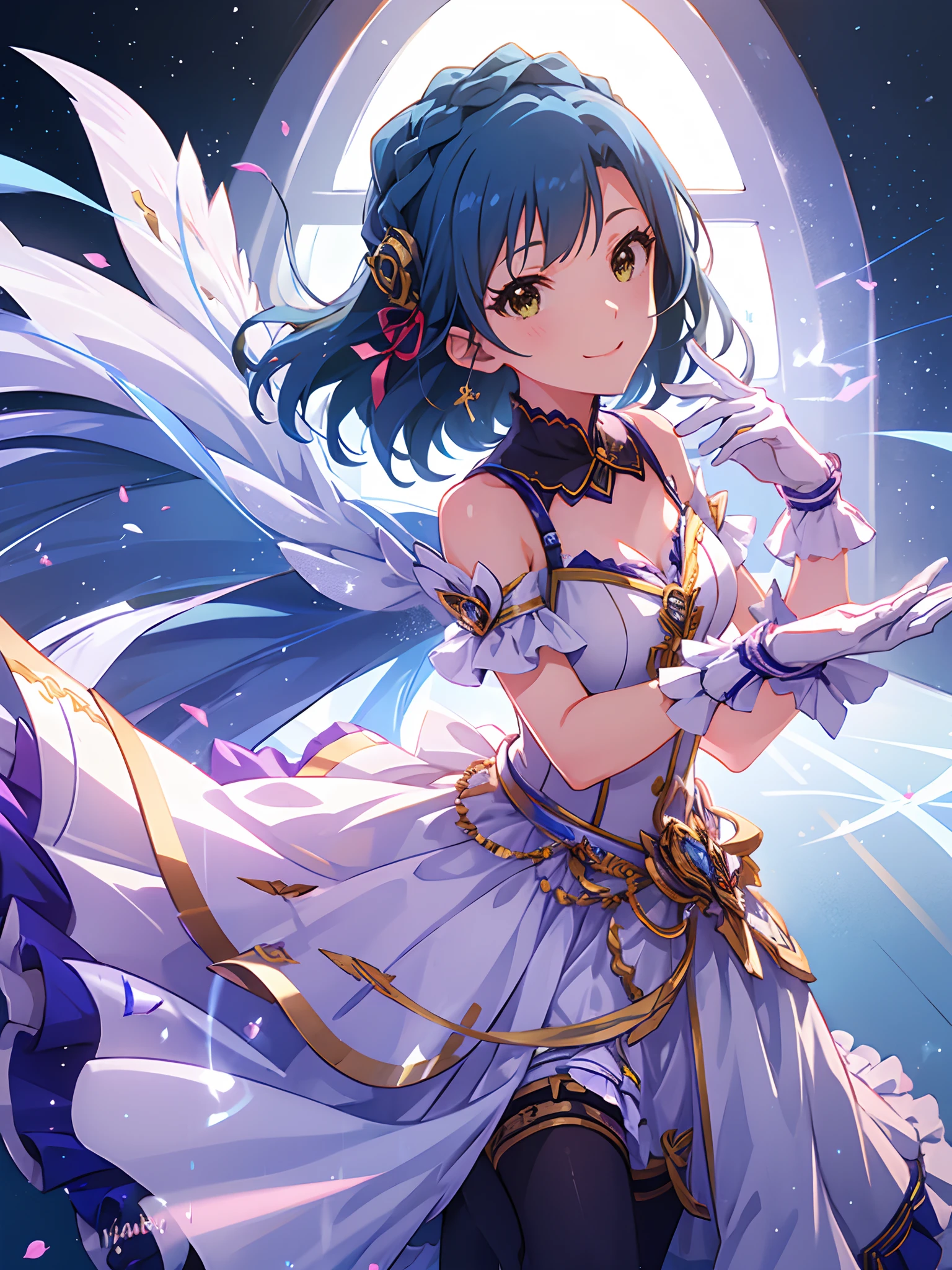 yuriko nanao (million live), 1 girl, Solo, Cute Girl,Best Quality, Ultra-detailed, 8K, High resolution, detailed face, Bob Hair, smile, ball dress, pastel pink dress, gloves, ribbon,