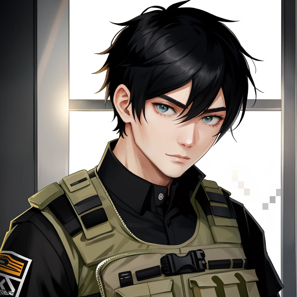 Full body, Cute anime guy male boy man with black hair, pale skin, and a tactical vest, looking down at me with big, expressive eyes. He has a slightly shy and mysterious smile on his face. The fine lines and intricate details of his hair are emphasized, with every strand meticulously rendered. vividly colored eyes are filled with depth and emotion,The tactical vest he wears adds a touch of edginess to his overall appearance.

The lighting casts a soft glow on his fair complexion, giving his skin a porcelain-like quality.