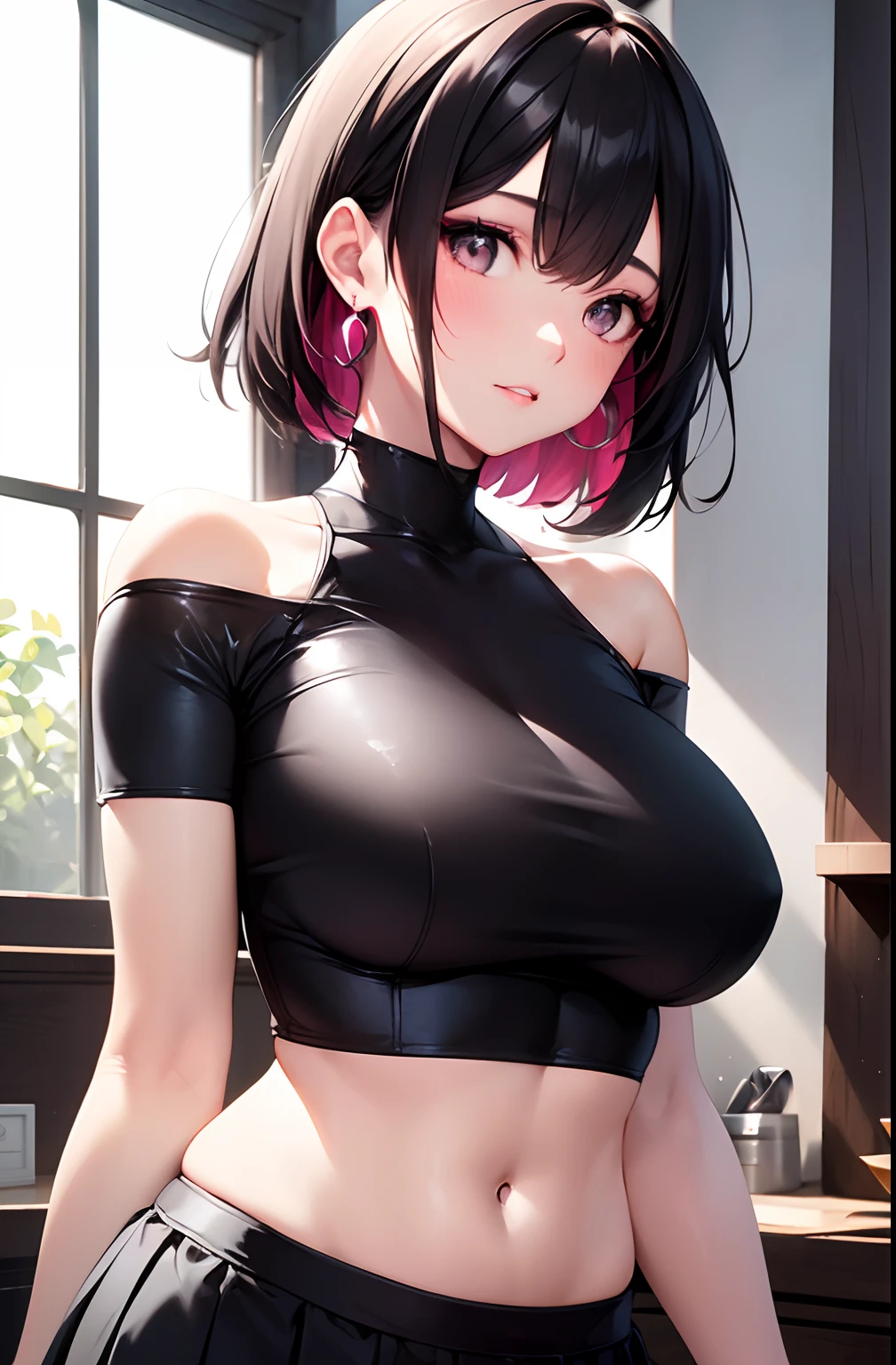 (masterpiece), (portrait), big breasts (aesthetics), ((1 female 21 years old)), Highlight earrings), ((Short hair)), ((Hot magenta hair)), Wavy hair, thin eyes open, brown eyes, cute, female, woman, feminine, beautiful, female features, top, high quality, aesthetic clothing, professional angle, (rule of thirds), (feminine), (feminine), (feminine), (beautiful) , (female ) features), solo, (Korean attractive), summer, (ink haze), (afternoon), (vibrant light), seductive posture, ((face looking forward))), long-sleeved simple hip off shoulder hop blouse short pleated skirt ((Energy)), (Bold Makeup), (Big Breasts), Fair Skin, (Clothes with Hip Hop Details), (Crop Top), (Sleep Neckline), Beautiful Hands, Body beautiful, beautiful ears, normal ears, beautiful eyes, bright eyes, beautiful mouth, beautiful lips, sideways