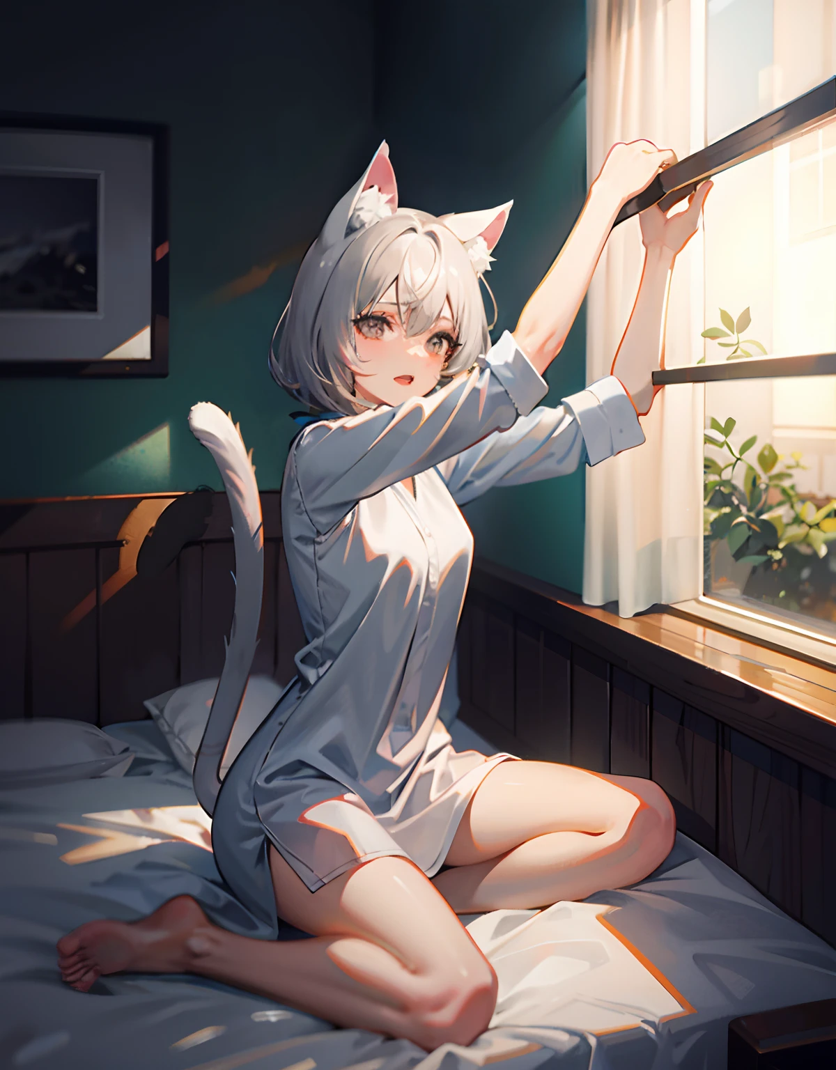 masutepiece, Best Quality,ultra-detailliert, Two hands, Two legs, Five Fingers, best faces, 1 girl, Long gray teal Hair, timid, Cat ears, sharp brown eyes, Height 160cm, big tits,Big shirt, Yawn, Stretch your body,Teary-eyed, Sit on the bed, light coming through the window, Cat tail, Infant face