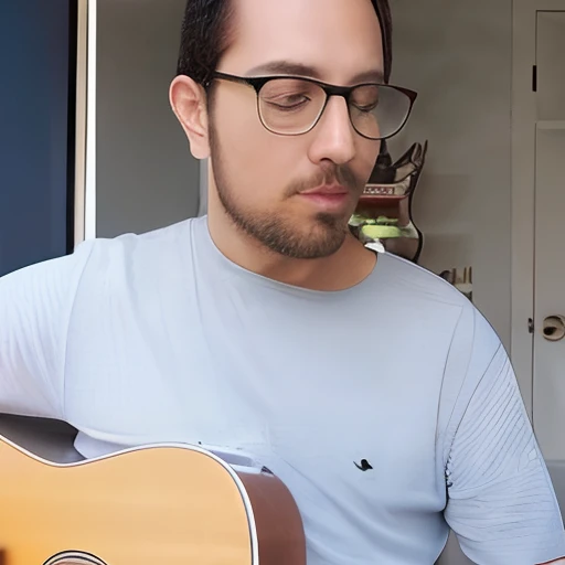 Man with glasses playing a guitar in a living room