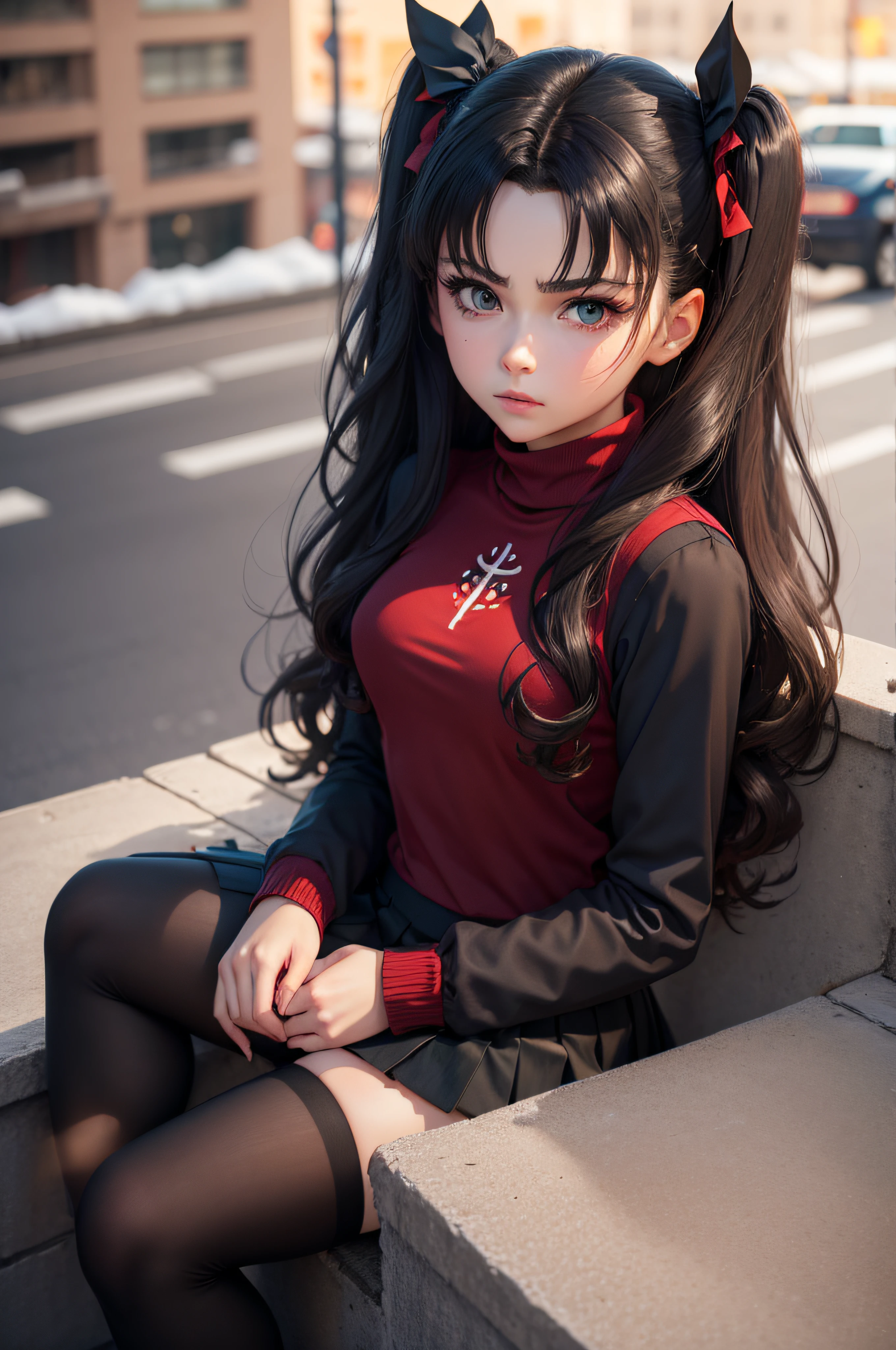 (masterpiece), best quality, expressive eyes, perfect face, 1girl, solo, rintohsaka, rin tohsaka, aqua eyes, black hair, hair ribbon, long hair, ribbon, sidelocks, two side up, black skirt, black thighhighs, long sleeves, miniskirt, pleated skirt, ((red sweater)), skirt, sweater, thighhighs, turtleneck, city background, sitting, character sheet, upper body, portrait, looking at viewer