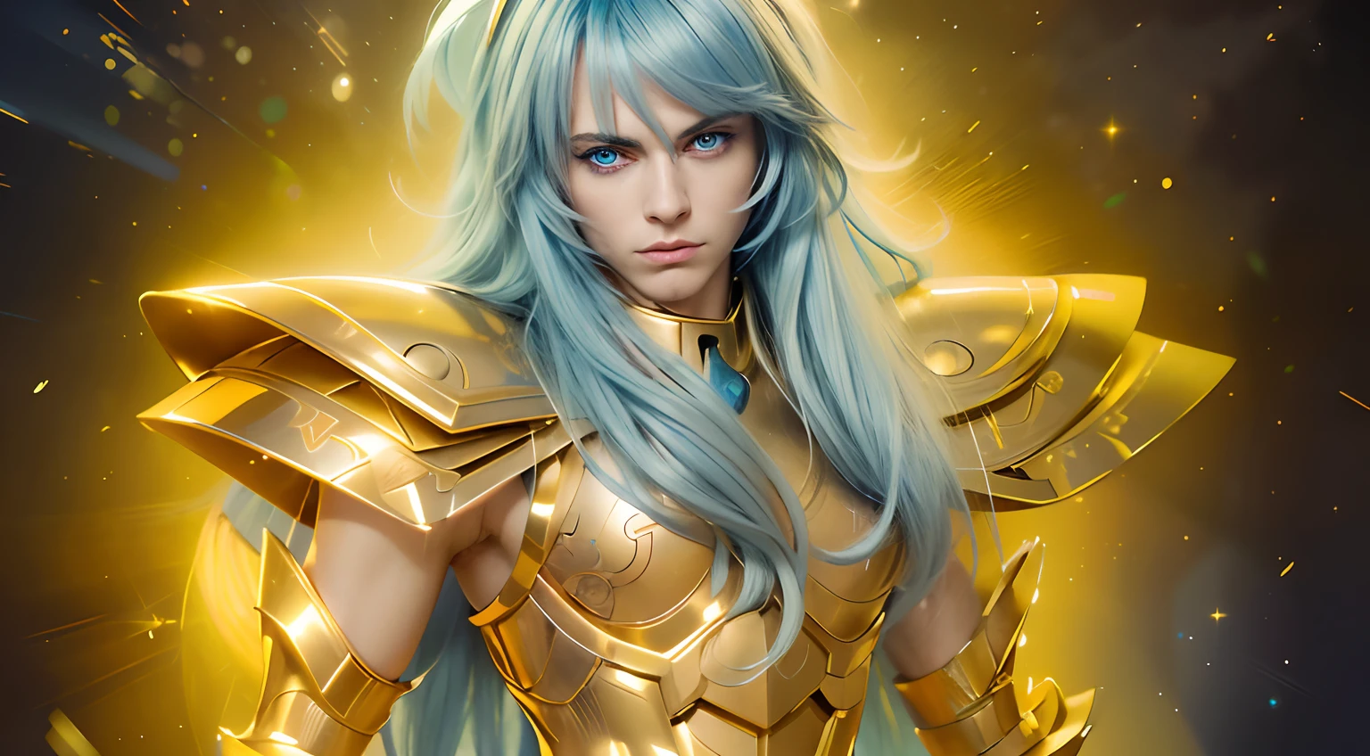 (masterpiece), (realistic) , close up portrait of a man, (male), 35 years old, Swedish, (1boy), solo, serious, looking at viewer, pretty handsome man, ((pretty big blue eyes)) (delicate face)), ((androgynous face)), (delicate lavender lips), wearing an medieval armor, (full body armor), (golden armor), (chrome gold armor), (detailed armor), (ornate armor), long straight ight blue hair, (hair blowing in wind), (hair bangs), upper body, cosmic golden rain background, cinematic lighting, ((beardless)) ((perfect big blue eyes)).