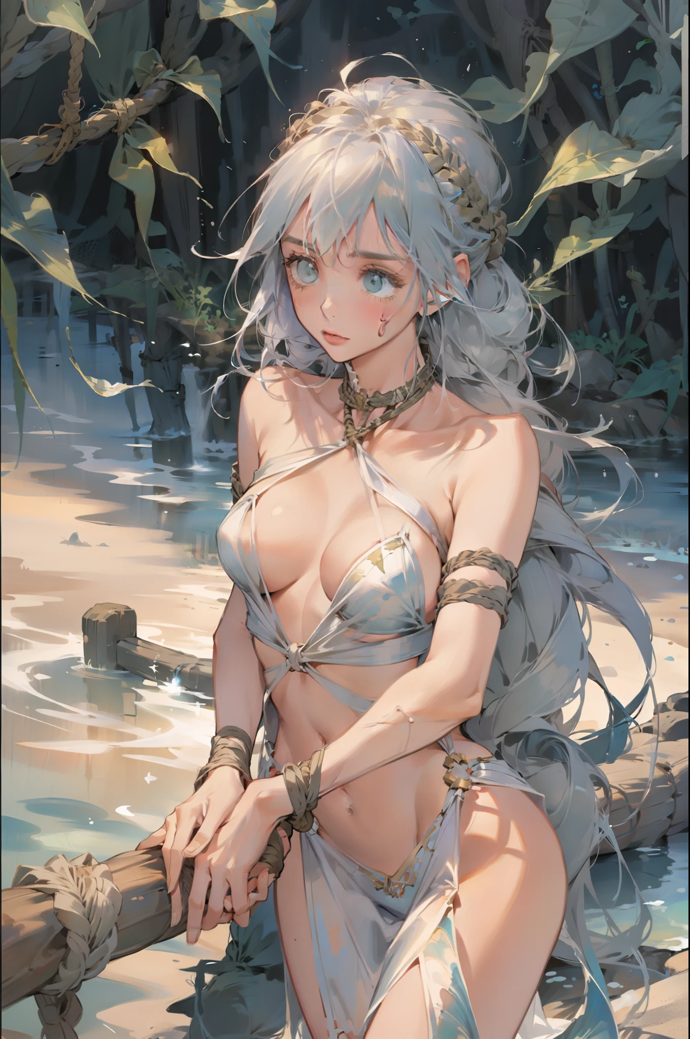 1 girl, adult, beautiful, long silver hair, small breasts, (scared, fearful), water, mermaid, ((hands tied together, Rope Bondage , Hemp rope)), transparent fish scales, fish fins, fish scales, river, mystical