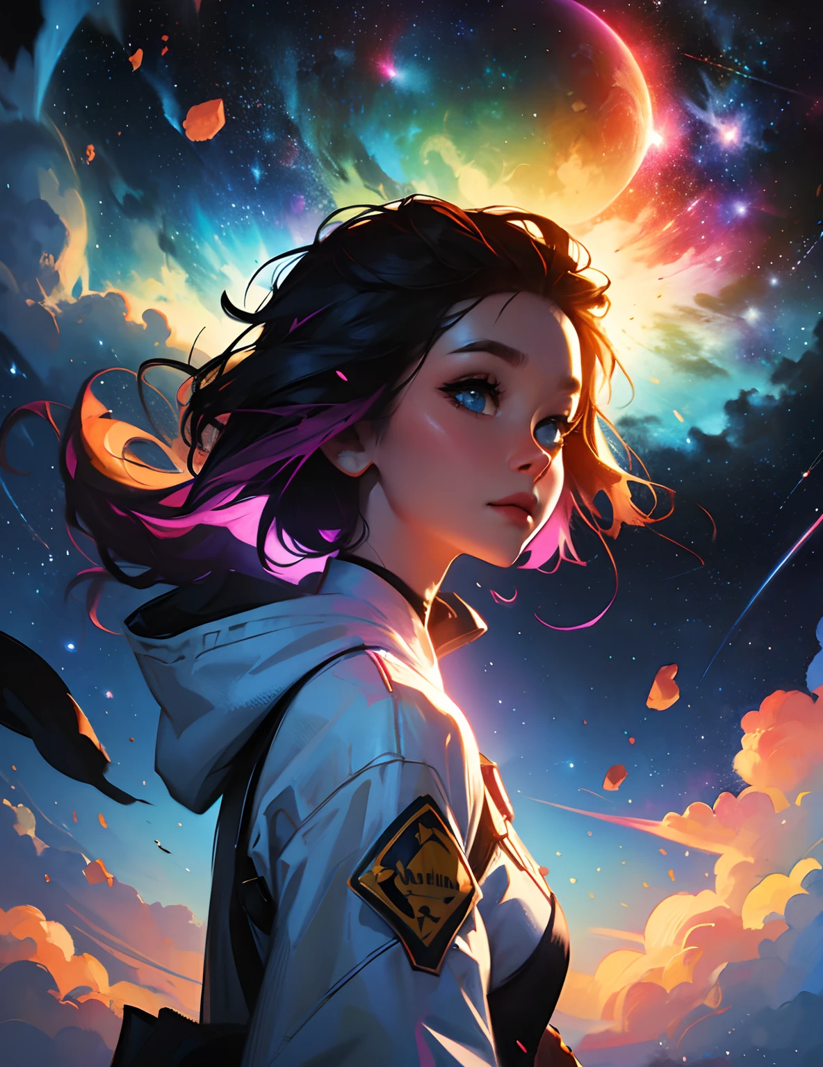 Girl standing in the clouds, stars floating around her, brilliant colors, amazing swirls of cosmic dust, colorful vibrant, light particles, water color painting, splash art,