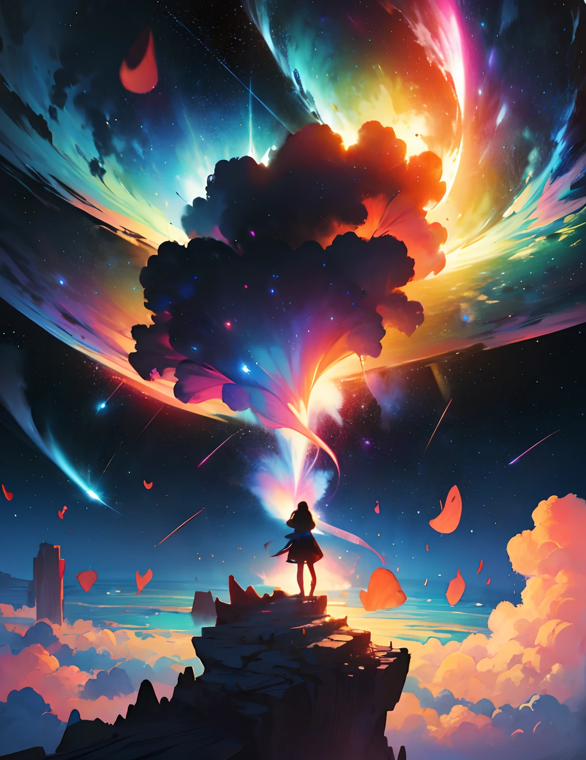 Girl standing in the clouds, stars floating around her, brilliant colors, amazing swirls of cosmic dust, colorful vibrant, light particles, water color painting, splash art,