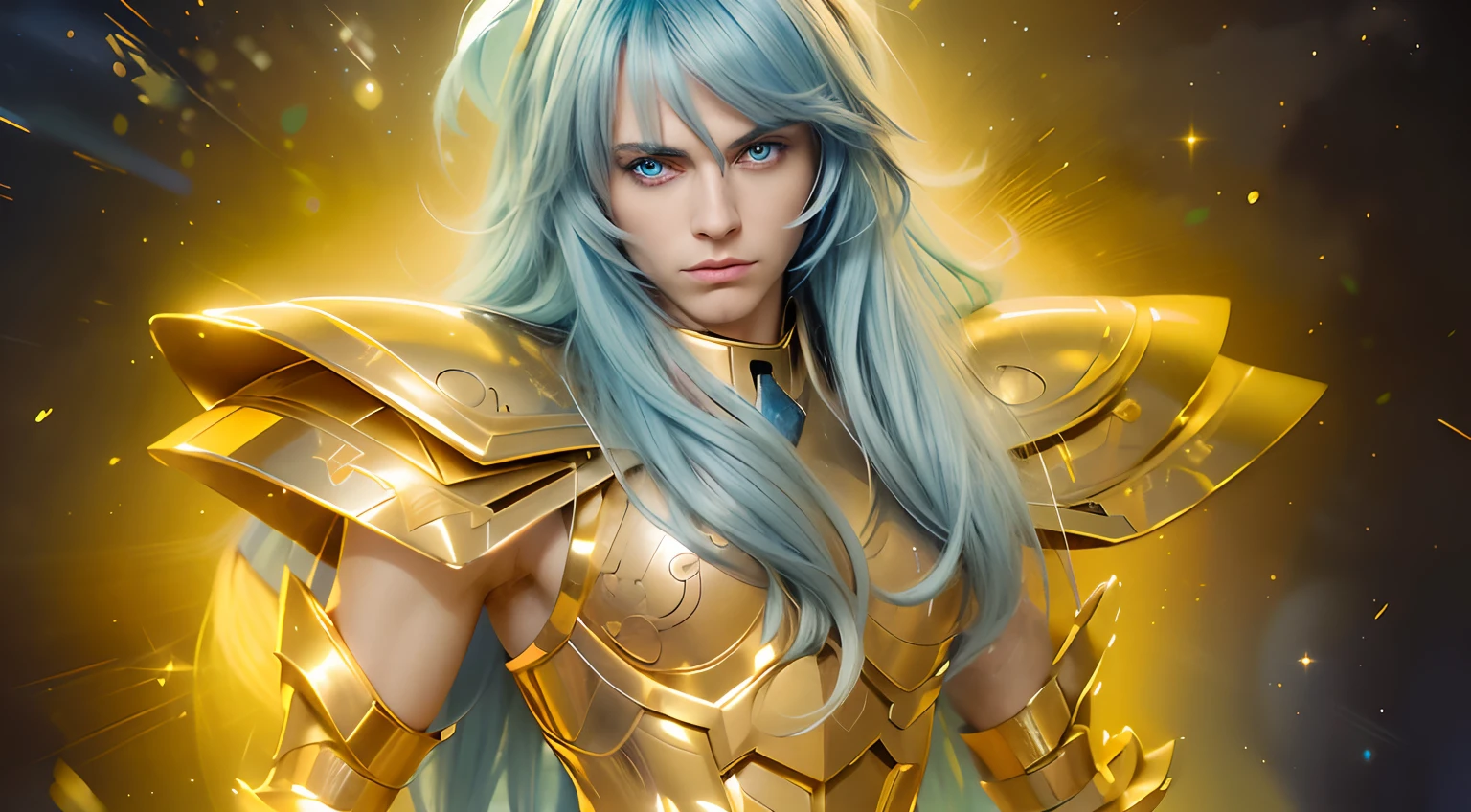 (masterpiece), (realistic) , close up portrait of a man, (male), 35 years old, Swedish, (1boy), solo, serious, looking at viewer, pretty handsome man, ((pretty big blue eyes)) (delicate face)), ((androgynous face)), (delicate lavender lips), wearing an medieval armor, (full body armor), (golden armor), (chrome gold armor), (detailed armor), (ornate armor), long straight ight blue hair, (hair blowing in wind), (hair bangs), upper body, cosmic golden rain background, cinematic lighting, ((beardless)) ((perfect big blue eyes)).