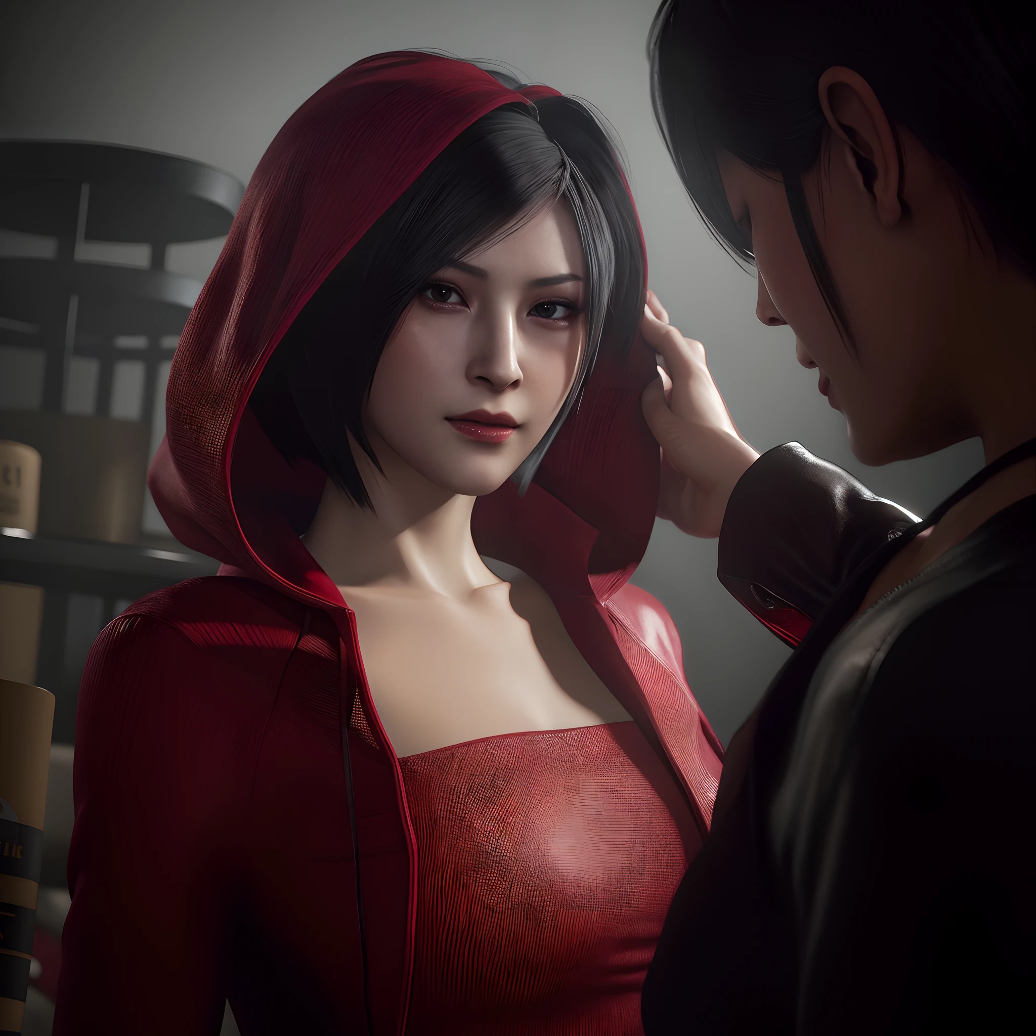 Ada wong, beautiful face, detailed, bob hair, perfect Face, wearing mini red dress hoody, wearing hoody, black nail polish, friendly face, glare, shy