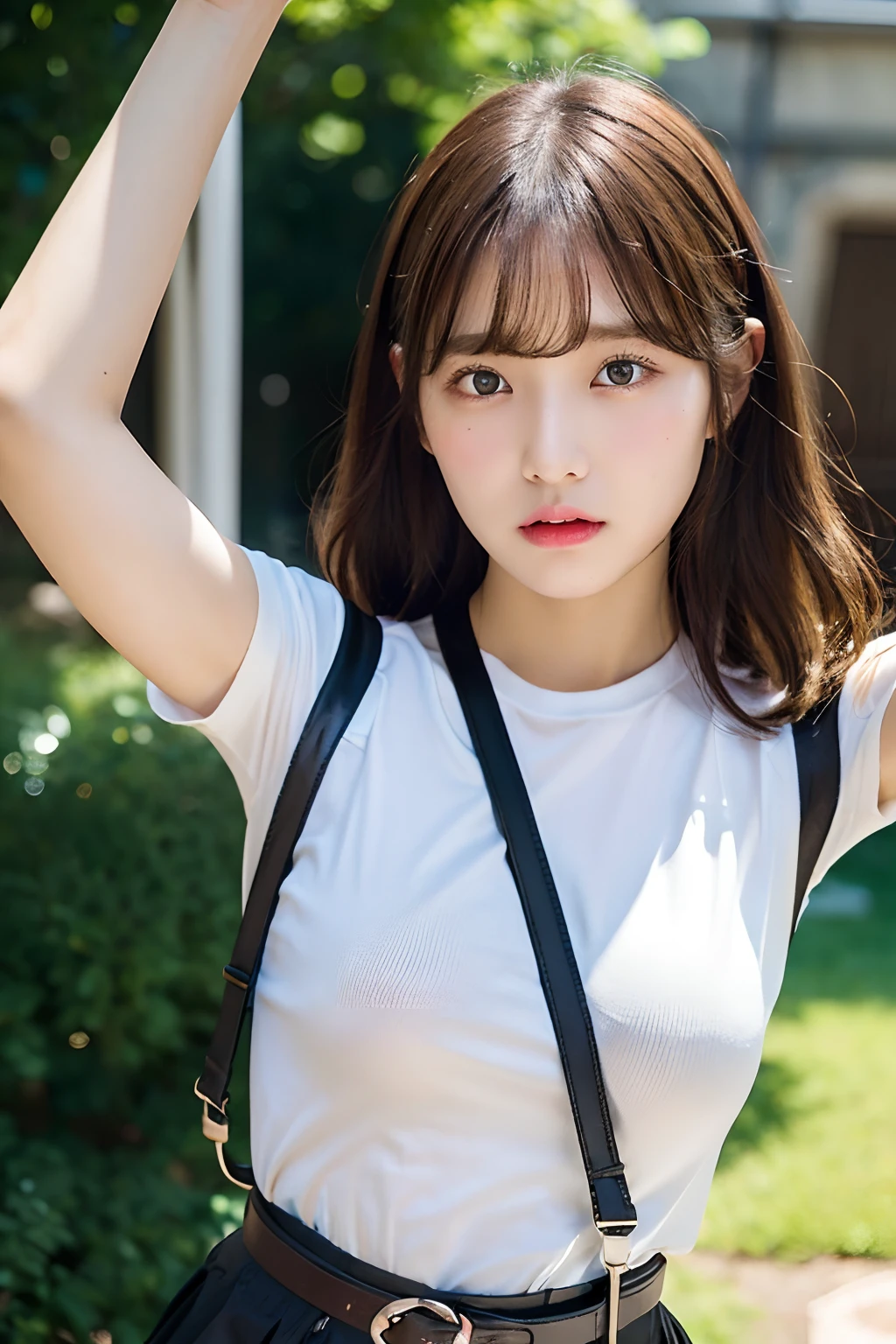 masterpiece、flat-colors、depth of fields、lens flare 1 girl、、Brown hair、watching at viewers black suspenders bulging big breasts Armpit sweat perspiring Side of both hands walls: Black miniskirt garterbelts Gaze Small face Bangs Upper Eyes flank Rat-colored eyes holster Belt Cutter Shirt