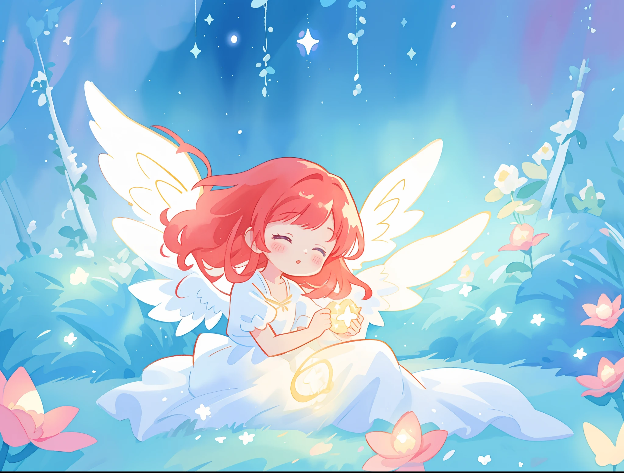 beautiful angel girl in sparkling white dress, (huge sparkling angel wings), glowing white ballgown, long red hair, watercolor illustration, flowers and colorful plants, disney art style, glowing aura around her, glowing lights, beautiful digital illustration, fantasia otherworldly landscape plants flowers, beautiful, masterpiece, best quality, anime disney style