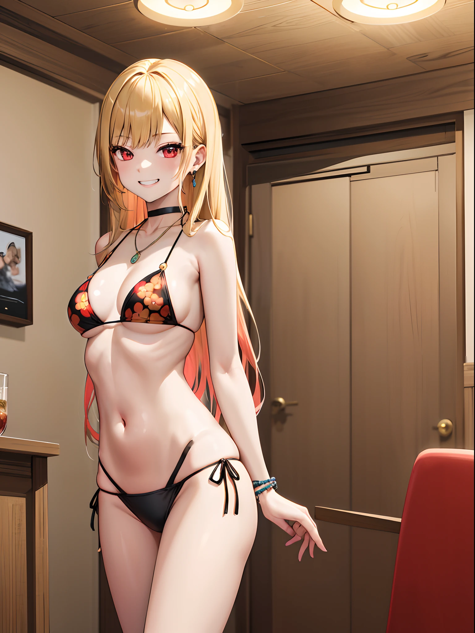 masterpiece, best quality, highres, kitagawa marin, 1girl, blonde hair, long hair, multicolored hair, red eyes, jewelry, necklace, choker, black bikini, floral print, bracelet, side-tie bikini bottom, cowboy shot, indoors, room, standing, grin, straight-on, arms at sides