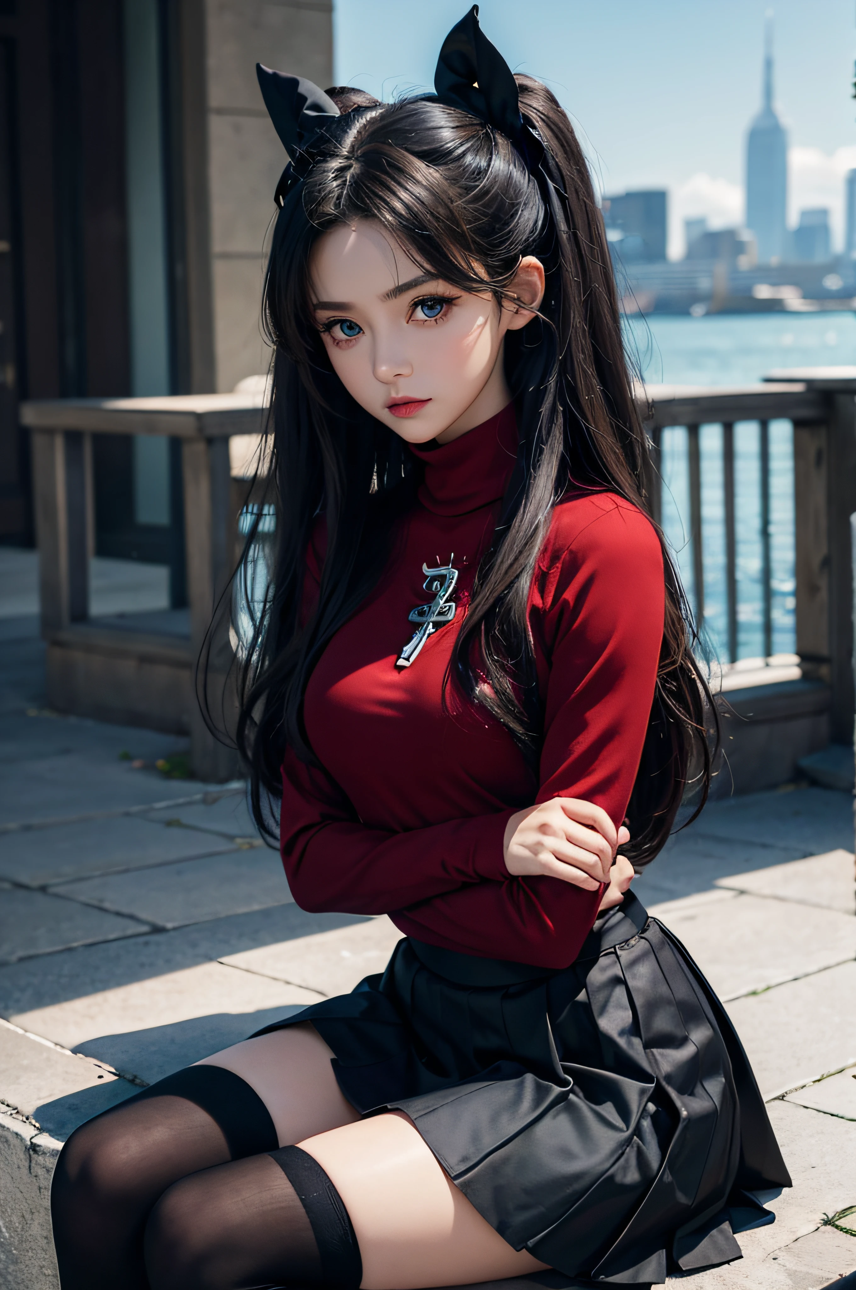 (masterpiece), best quality, expressive eyes, perfect face, 1girl, solo, rintohsaka, rin tohsaka, aqua eyes, black hair, hair ribbon, long hair, ribbon, sidelocks, two side up, black skirt, black thighhighs, long sleeves, miniskirt, pleated skirt, ((red sweater)), skirt, sweater, thighhighs, turtleneck, city background, sitting, character sheet, upper body, portrait, looking at viewer