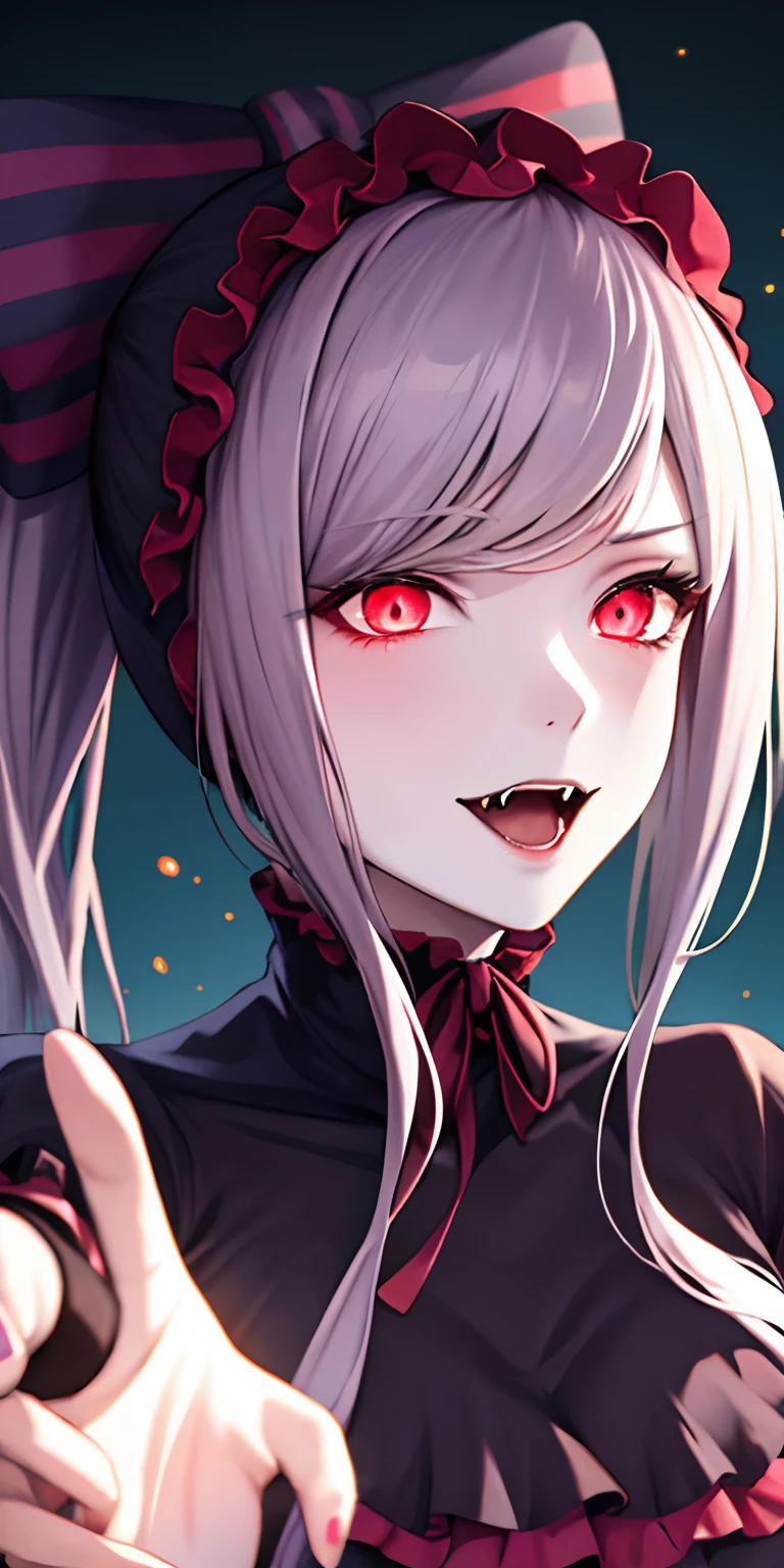 masterpiece, best quality, ShalltearV4, 1girl, solo, dress, frills, bow, hair bow, fangs, pale skin, glowing, glowing eyes, portrait, vampire
